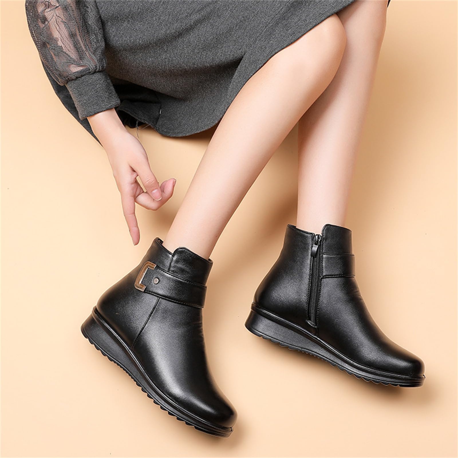 Bottes orthopédiques en cuir véritable avec boucle en métal pour femme - Chaudes et antidérapantes - En velours - Pour l'hiver
