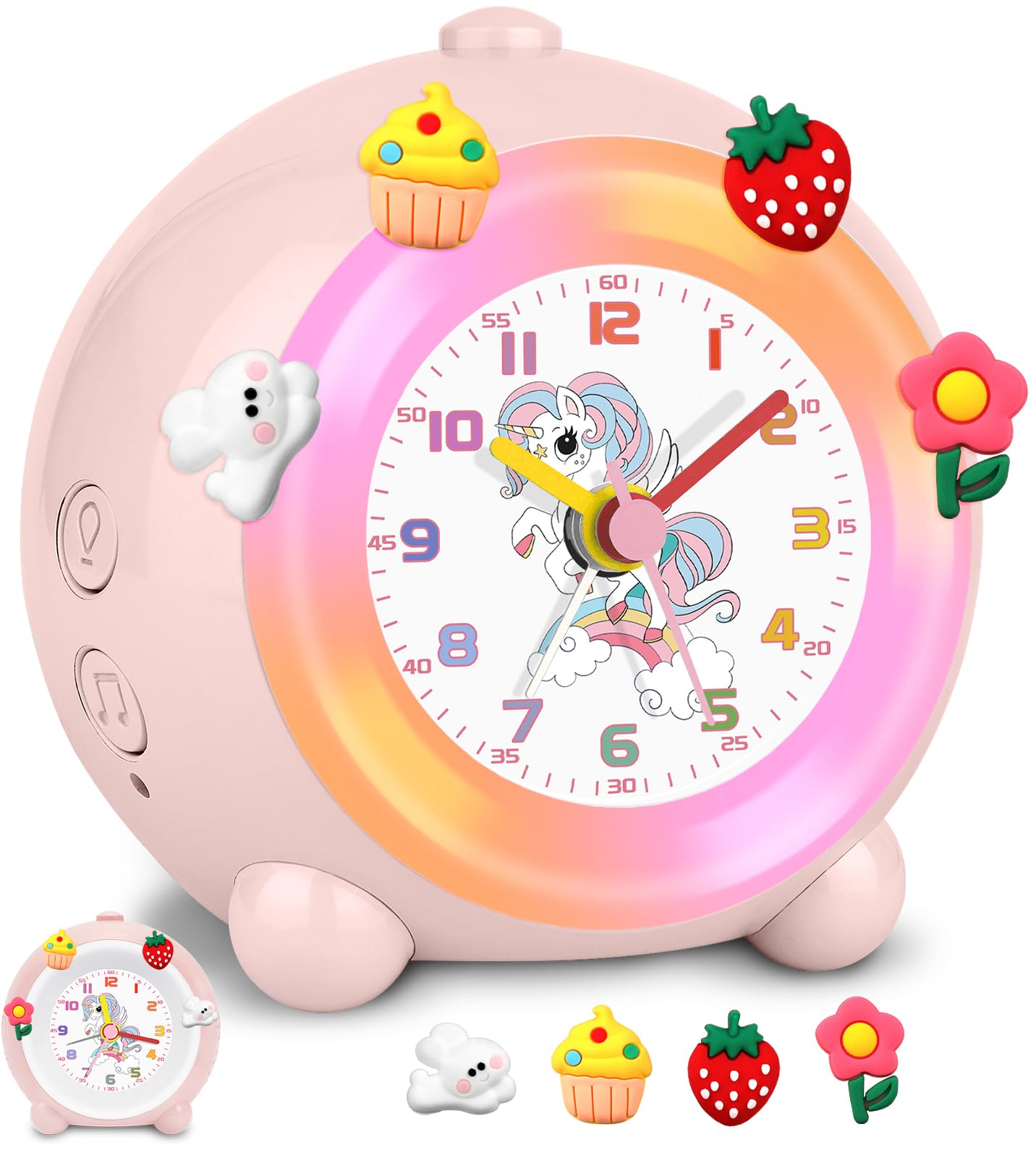 SOCICO Despertador Analógico para Niños, Diseño de Unicornio, Silencioso Sin tictac, Bonito Melocotón con Luz Colorida, Volumen Ajustable (Rosa pálido)