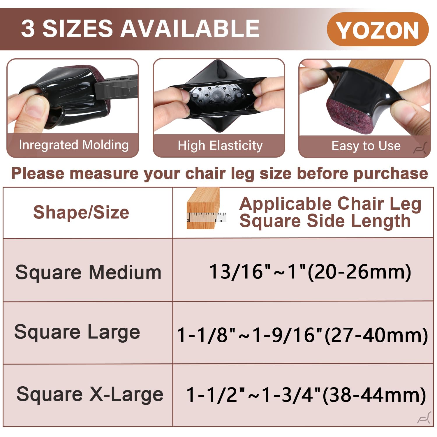 Lot de 32 protections de sol carrées pour pieds de chaise en bois dur - Capuchons en silicone renforcés - Antidérapant - Réduit le bruit - Noir - Taille L : 27 à 40 mm