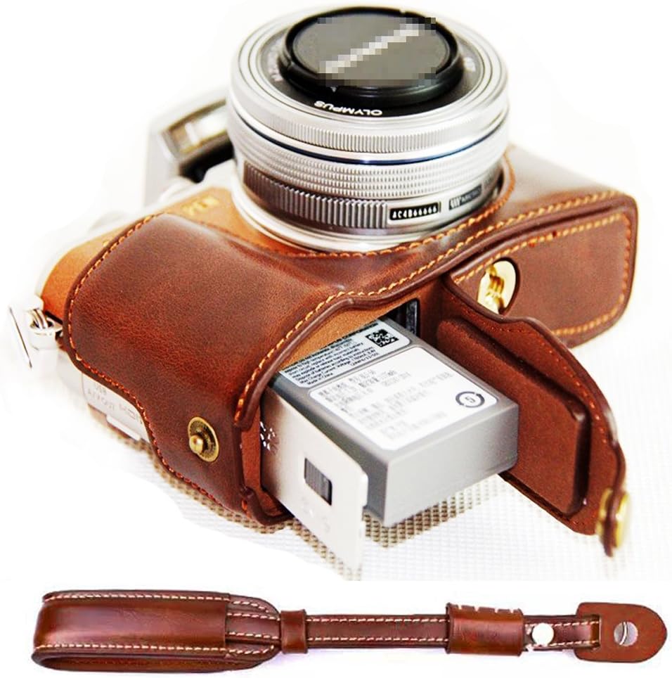 BOF XJD-EPL8-D10 Dark Brown Leather Half Camera Case Bag Cover Base for Olympus Pen E-PL8 EPL8 + gradienter