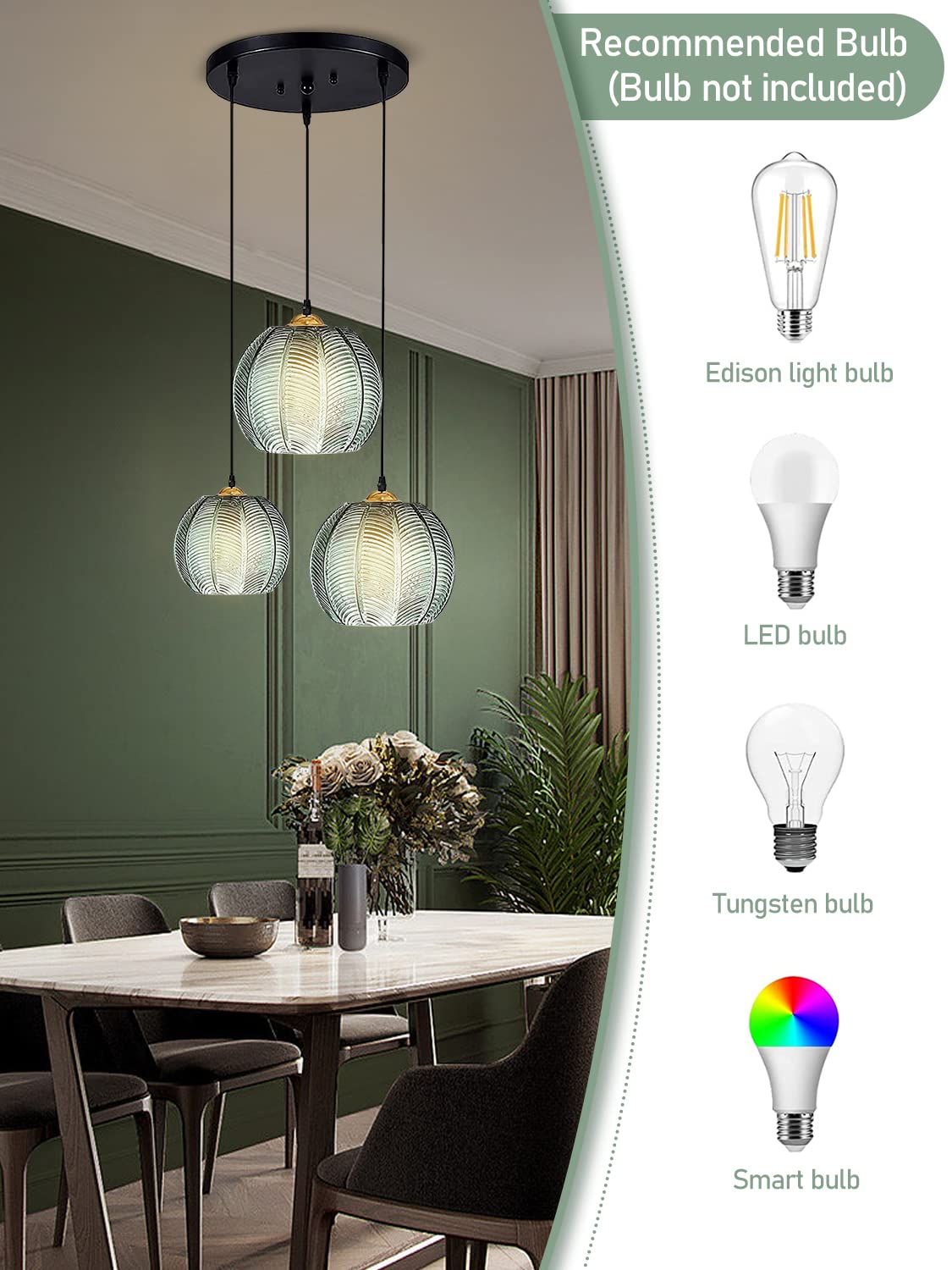 Suspension Moderne à 3 Lampes En Verre - Design Citrouille Verte - Lustre Du Milieu Du Siècle Pour Salle à Manger, Cuisine, îlot, Salon (3 Lumières) - Fabriqué En Chine