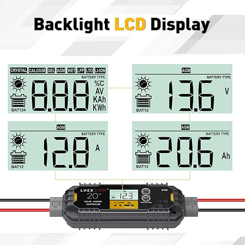 Miniatura 4 de Controlador de carga solar impermeable de 20 A con conectores Anderson, controlador solar PWM de 12 V24 V con pantalla LCD para LiFePO4, AGM, gel,