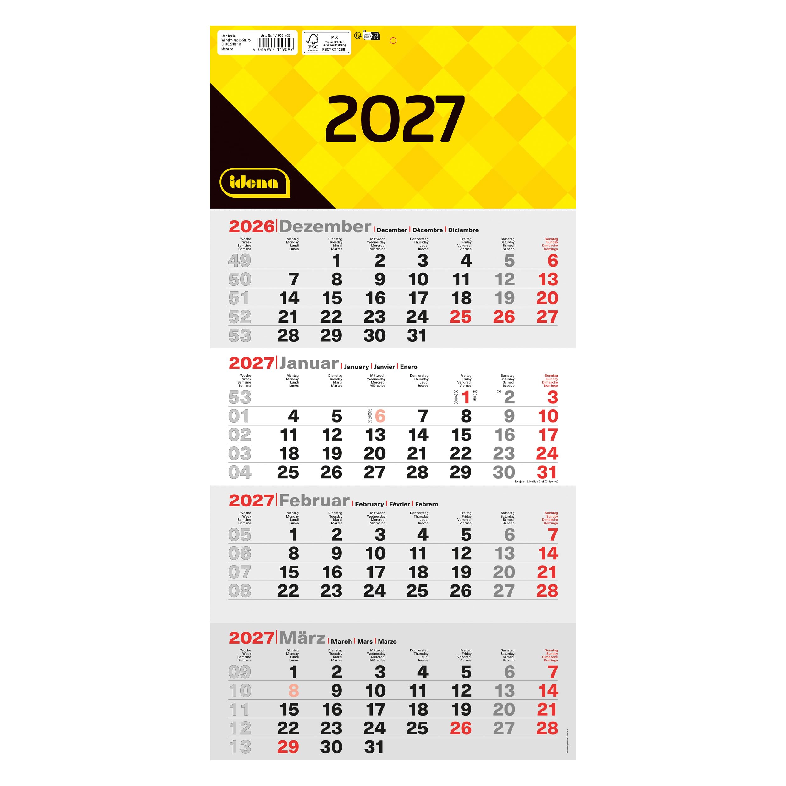 Idena 4 Month Calendar 2027 in Size 30 x 60 cm