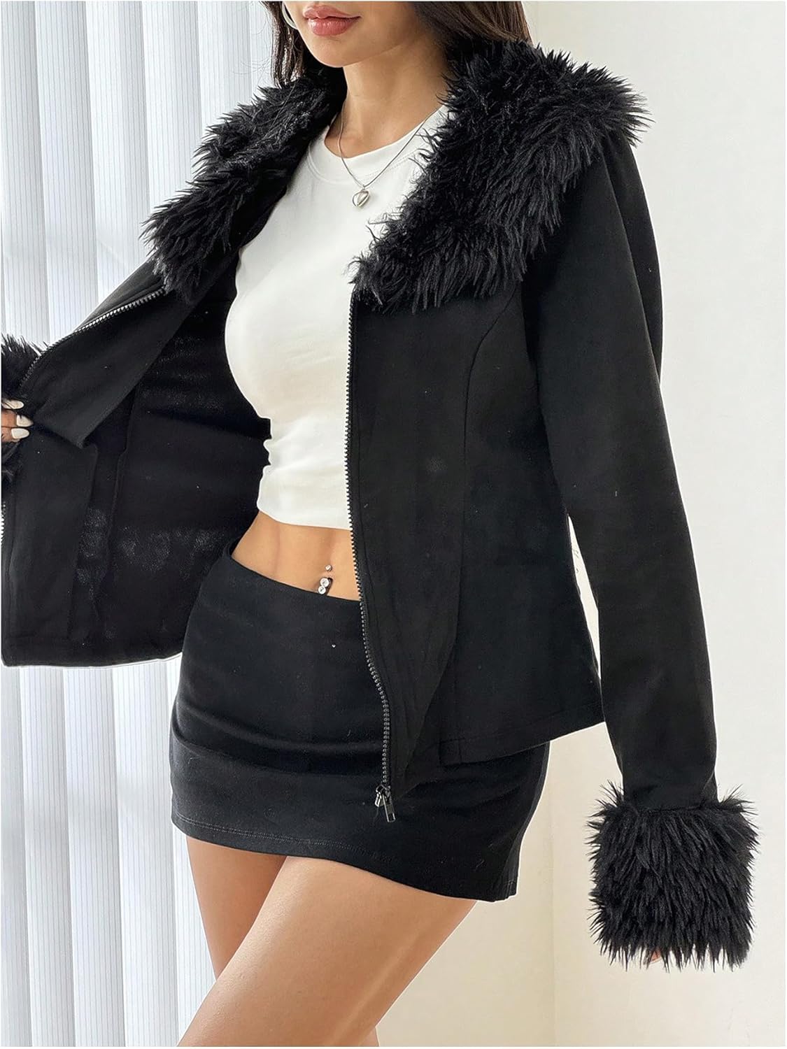 SOLY HUX Women's Suede Jacket Faux Fur Collar Zip Up Long Sleeve Fuzzy Casual Jackets Outerwear - Image 4
