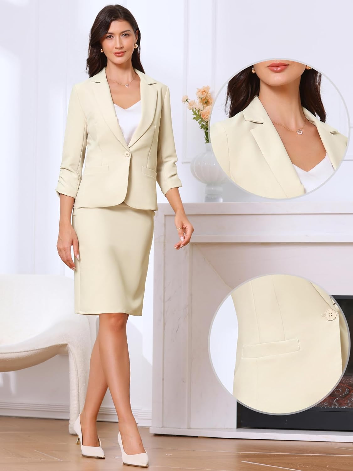 Allegra K 2 Piece Skirt Suit Set for Women's Business Casual Blazer Pockets Pencil Skirt Teacher Outfit - Image 2