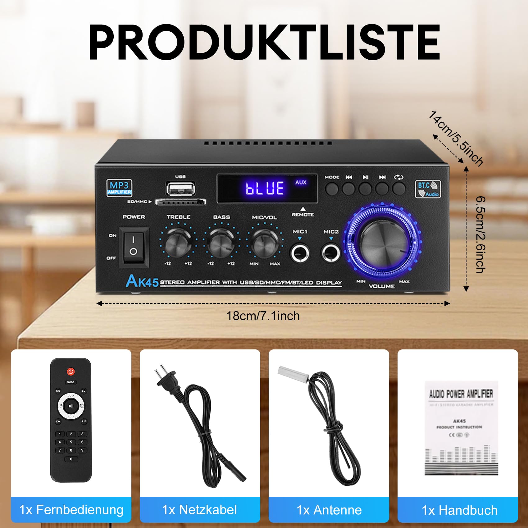 Hifi Verstärker - KKMOL Stereo Verstärker, AK45 Mini Bluetooth Radio Audio Verstärker Receiver, Wiimp Amp,12V/ 220V 400W 2 Kanäle Digitale Endverstärker Soundverstärker mit USB, SD Card, Fernbedienung