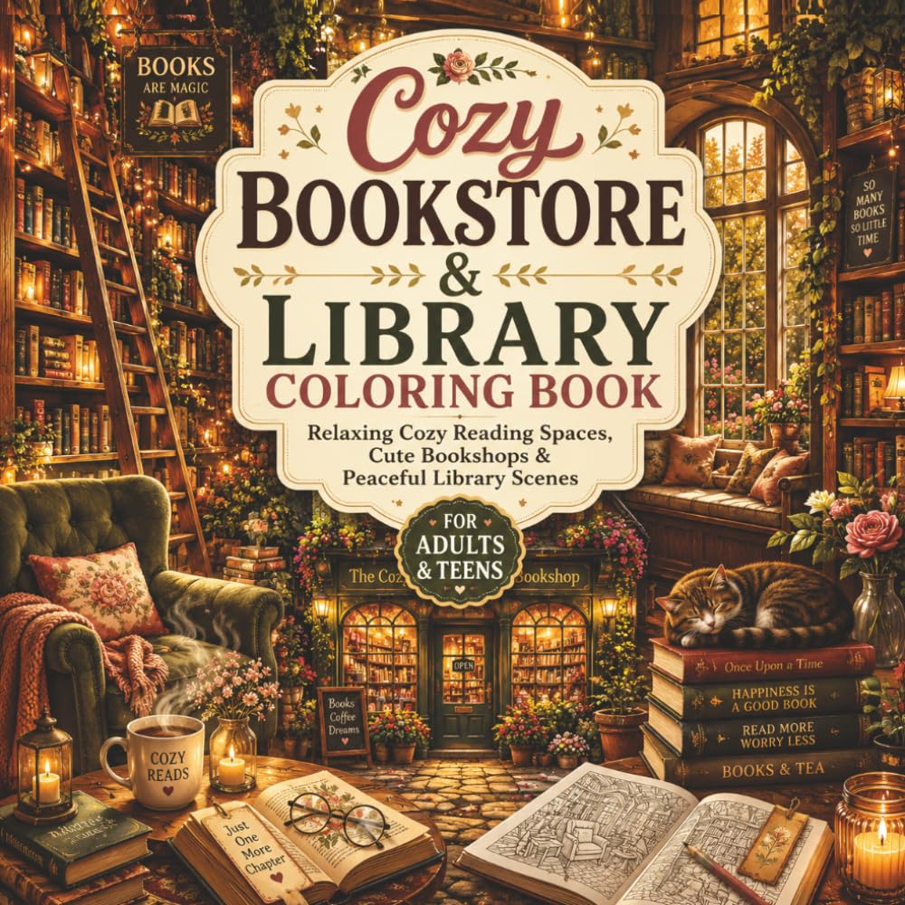 Cozy Bookstore & Library Coloring Book for Adults & Teens: Relaxing Book Nook Scenes, Vintage Libraries, Reading Corners, and Aesthetic Bookshop Illustrations for Stress Relief and Creativity