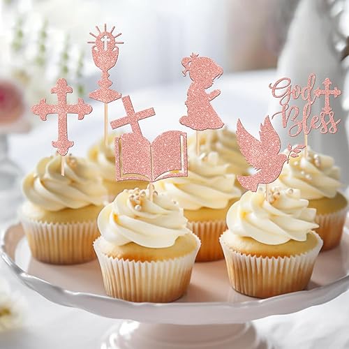 Miniatura 3 de 24 piezas de adornos para cupcakes Mi Bautizo en español rosa con purpurina del Santo Grial, Biblia, Ángel, Cruz, Dios, bendiga magdalenas, para