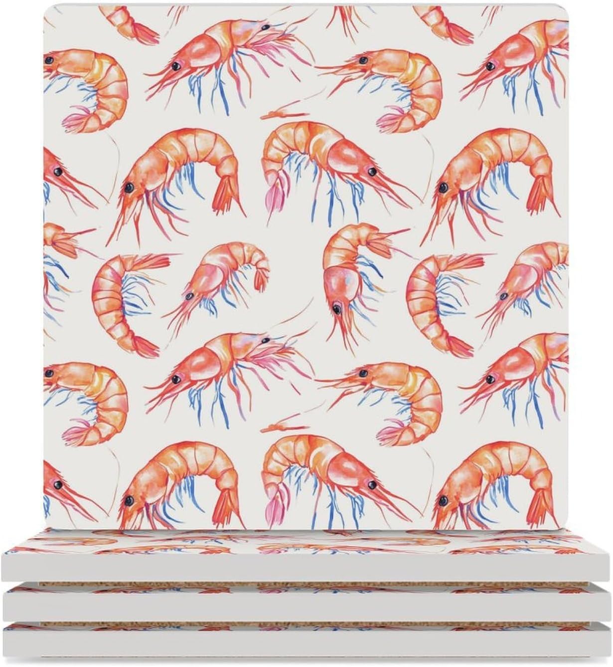 Cute Shrimps Ceramic Coasters Square Drinks Coaster Coffee Table Decor Table Coaster for Home Bar