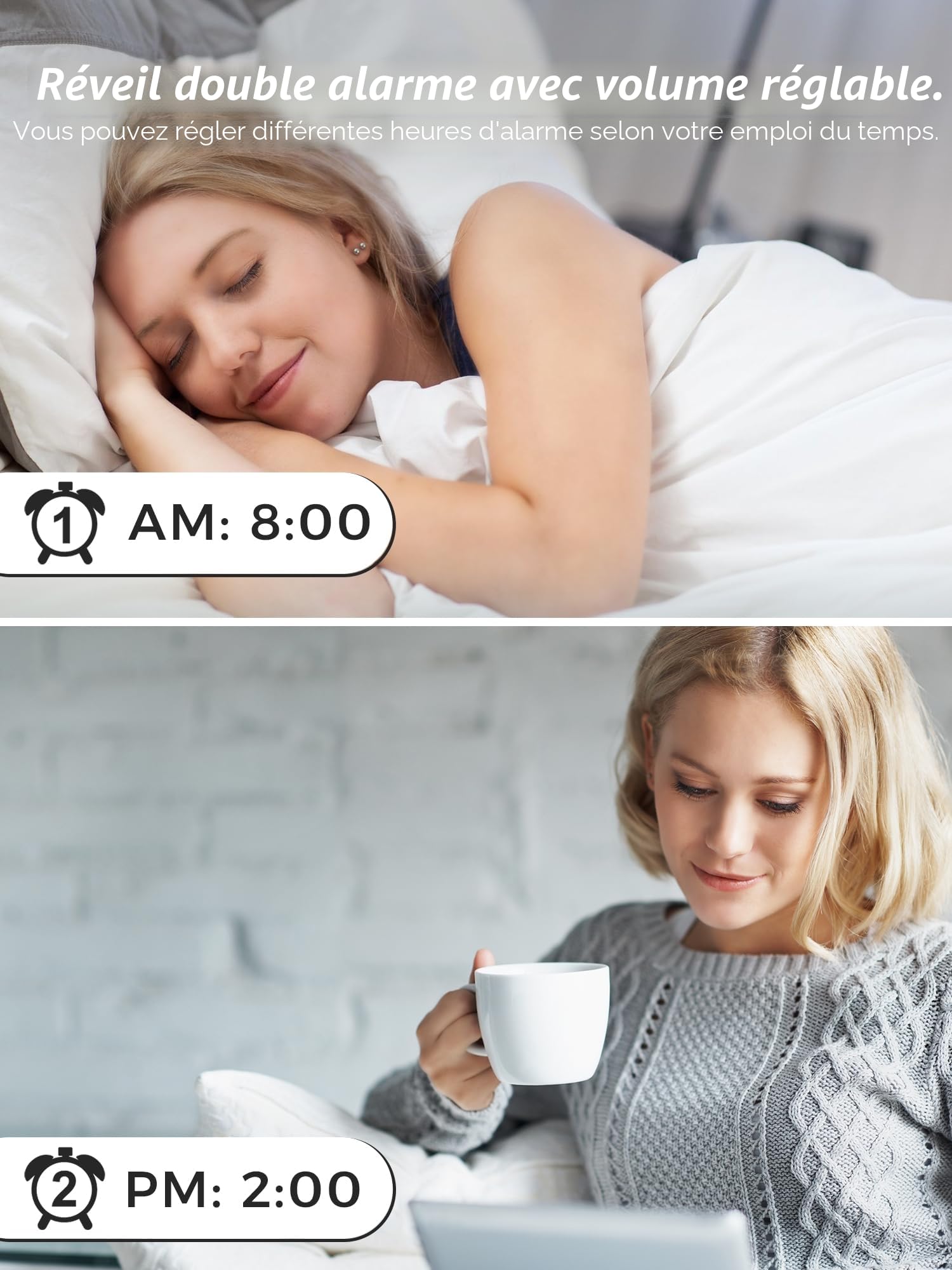 Réveil Extra Fort avec Secoueur de Lit, LED 7'' pour Sourd et Malentendant, Gros Dormeur, Double, Lumineux à 5 Niveaux, Snooze, Charger USB, Variateur d'Intensité, 12/24 H
