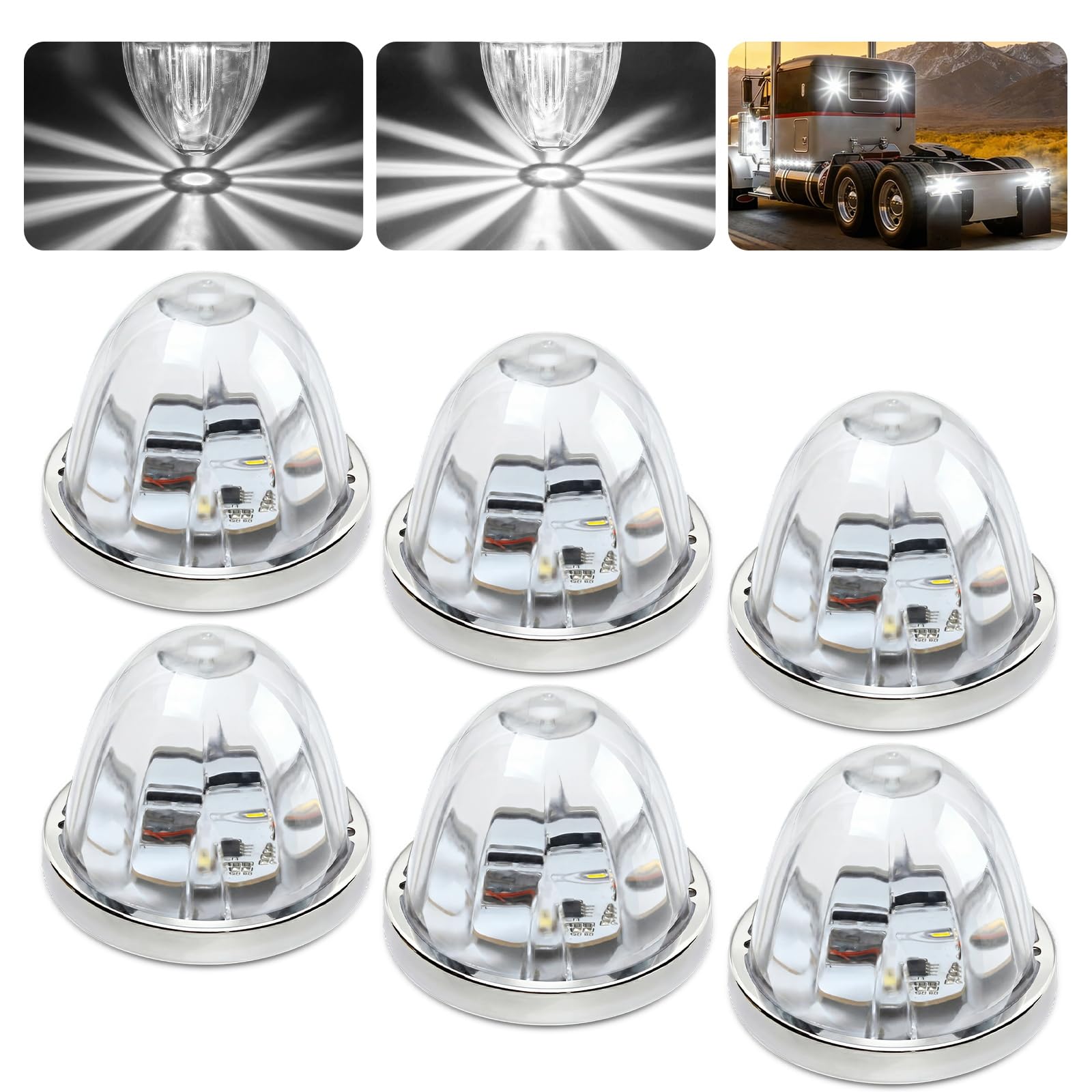 6PCS Watermelon Lights White Strobe &amp; Constant Multi-Function LED Side Marker Turn Signal Tail Roof Lights with Stainless Steel Bezel for Trailer Semi-trailer Heavy-duty Truck