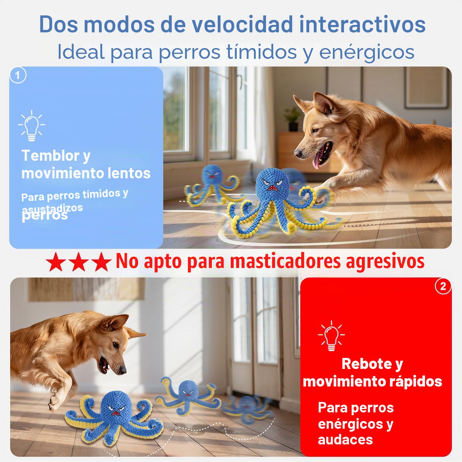 Juguetes interactivos para perros, pulpo, juguete duradero para perros de salto automático para mantenerlos ocupados, juguete chirriante para perros de tira y afloja, juguetes recargables por