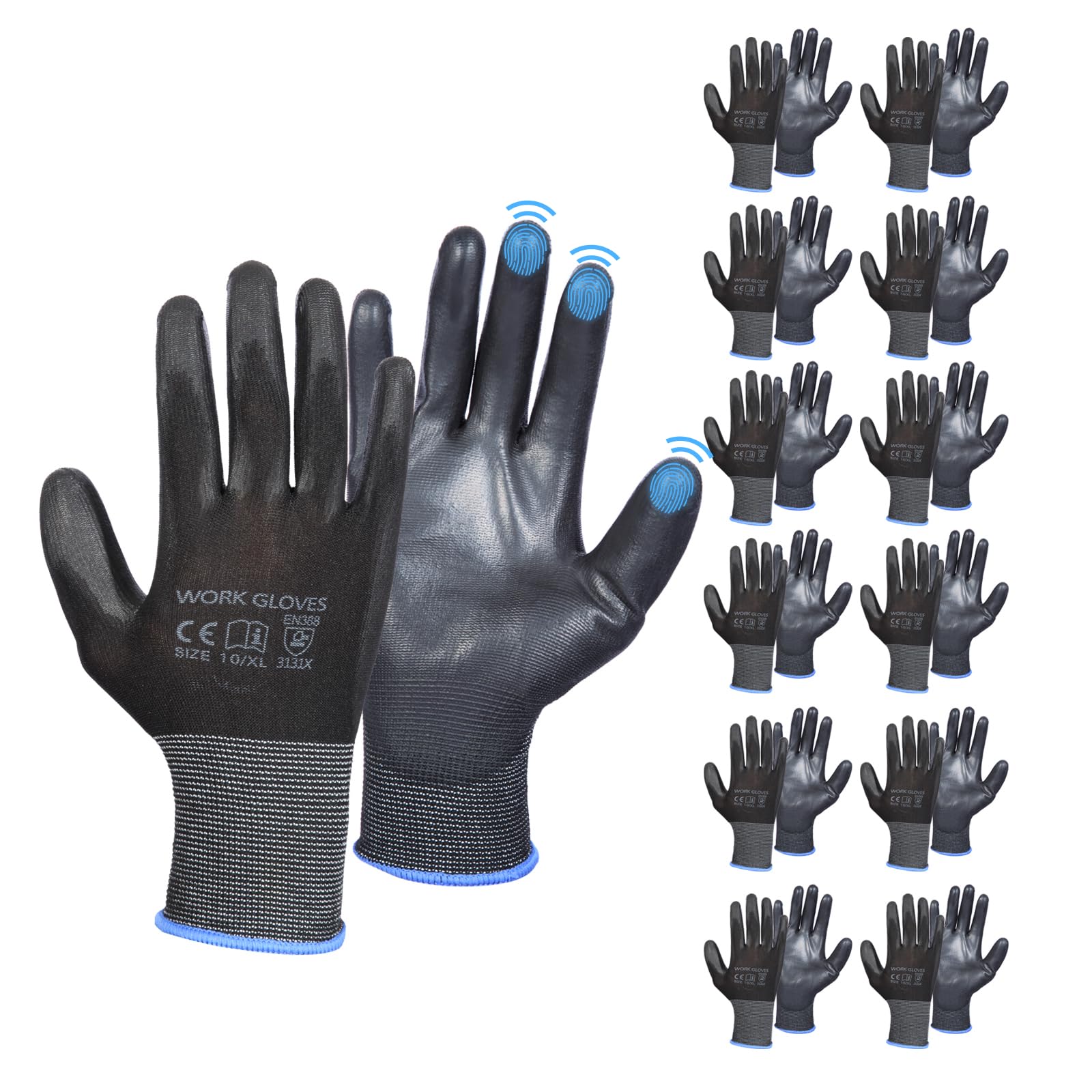 LOGO PU Safety Work Gloves for men-12 Pairs Warehouse touchscreen finger Gardening Lightweight Construction Grey/Balck