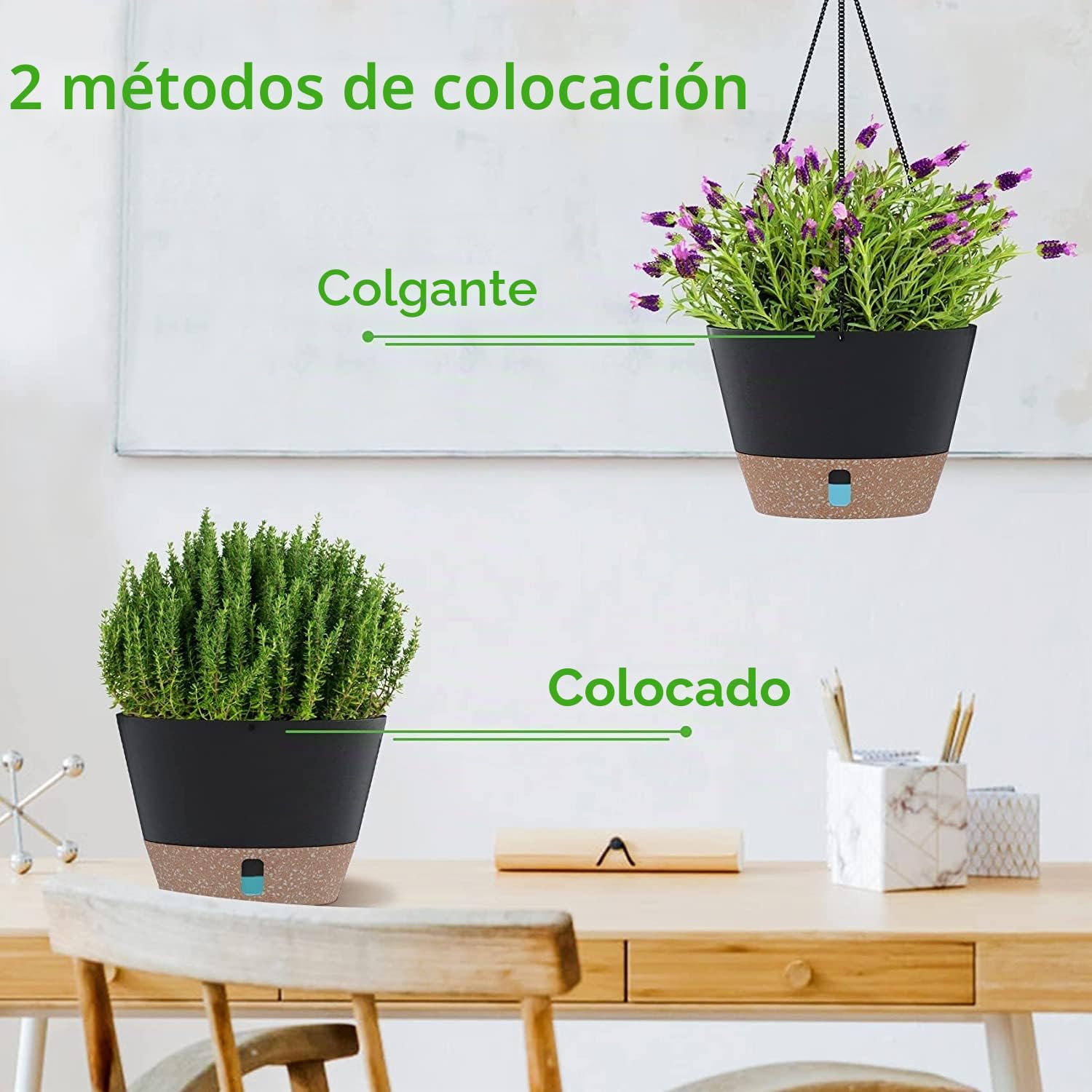 LATERN 3 Piezas Maceta Colgante de Plástico, 25CM Macetas de Autorriego Cesta Colgante para Plantas Flores Hierbas Suculentas - con Bandeja de Nivel de Agua Visible, Drenaje Orificio, Cadena Ganchos