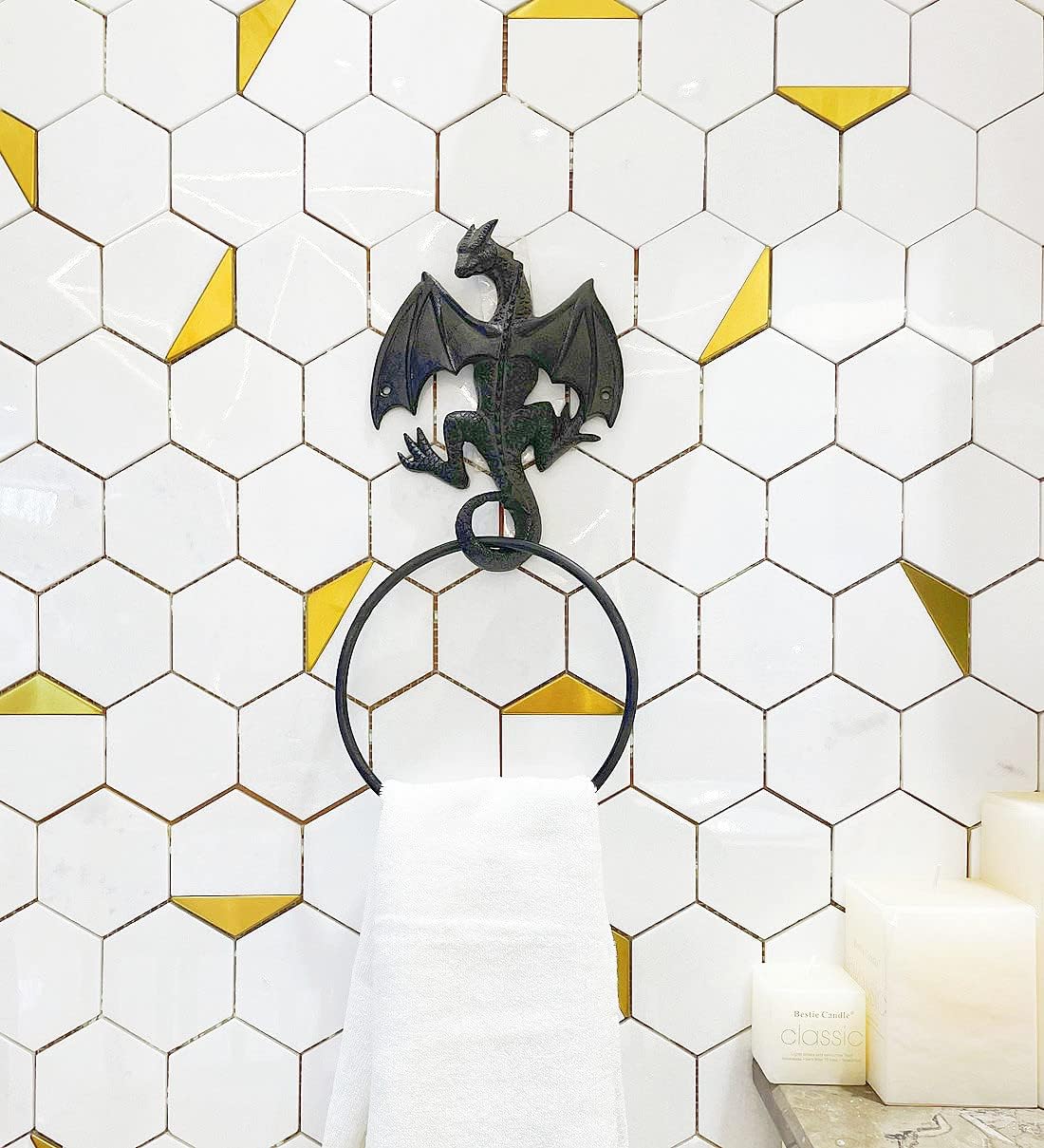 Cast Iron Gothic Dragon Towel Ring, Wall Mounted Medieval Accessories for Bathroom