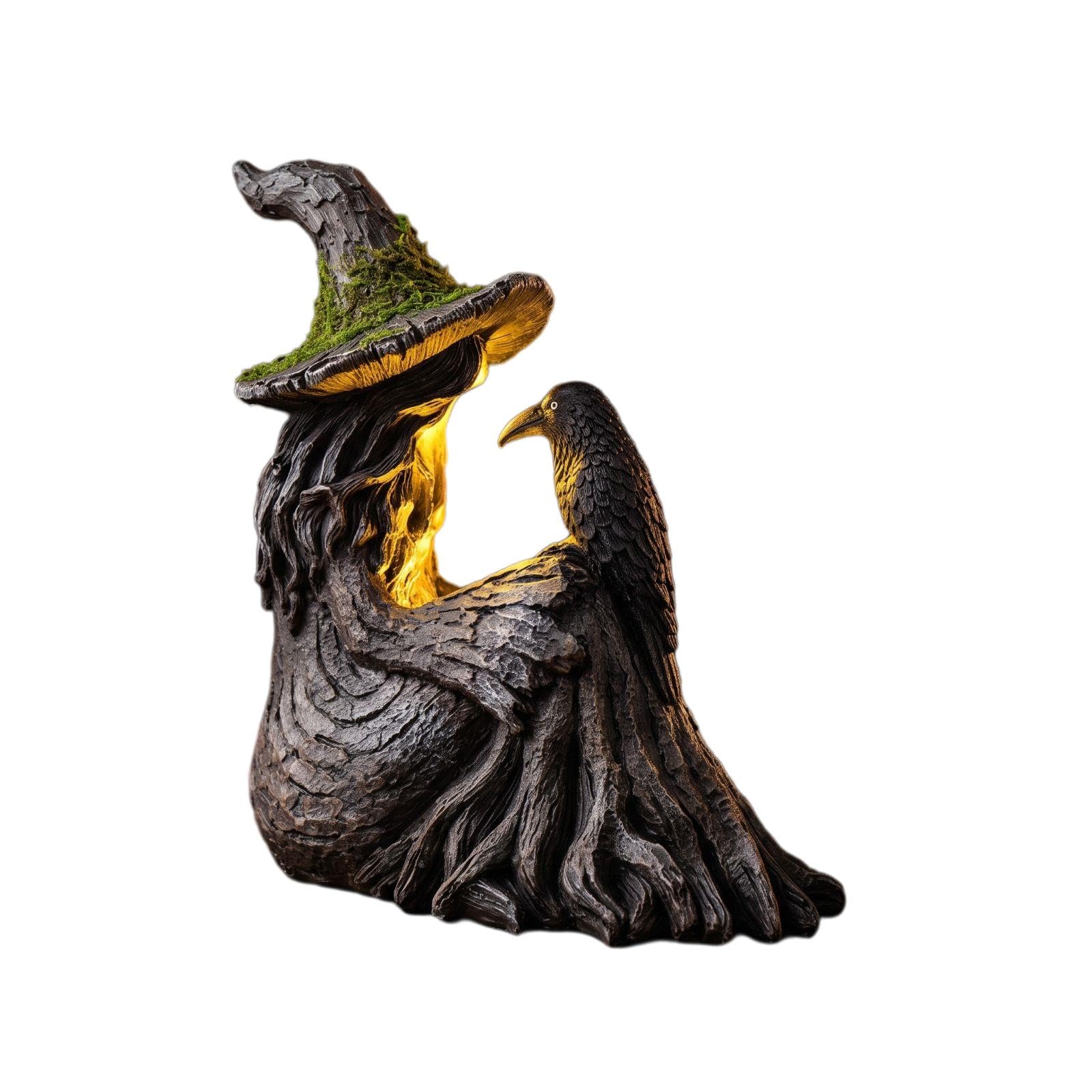 Mossy Tree Witch With Crow Light Up Statue, Resin Gothic Witch Figurine, Dark Fantasy Halloween Decor For Home Office Desktop Bookshelf