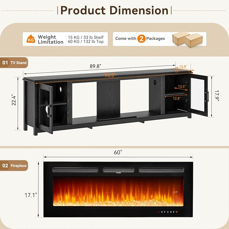 90" Fireplace TV Stand with 60” LED Electric Fireplace up to 100" TV, Modern Entertainment Center Media Console with Adjustable Shelf & Glass Door for Living Room, Black image 5