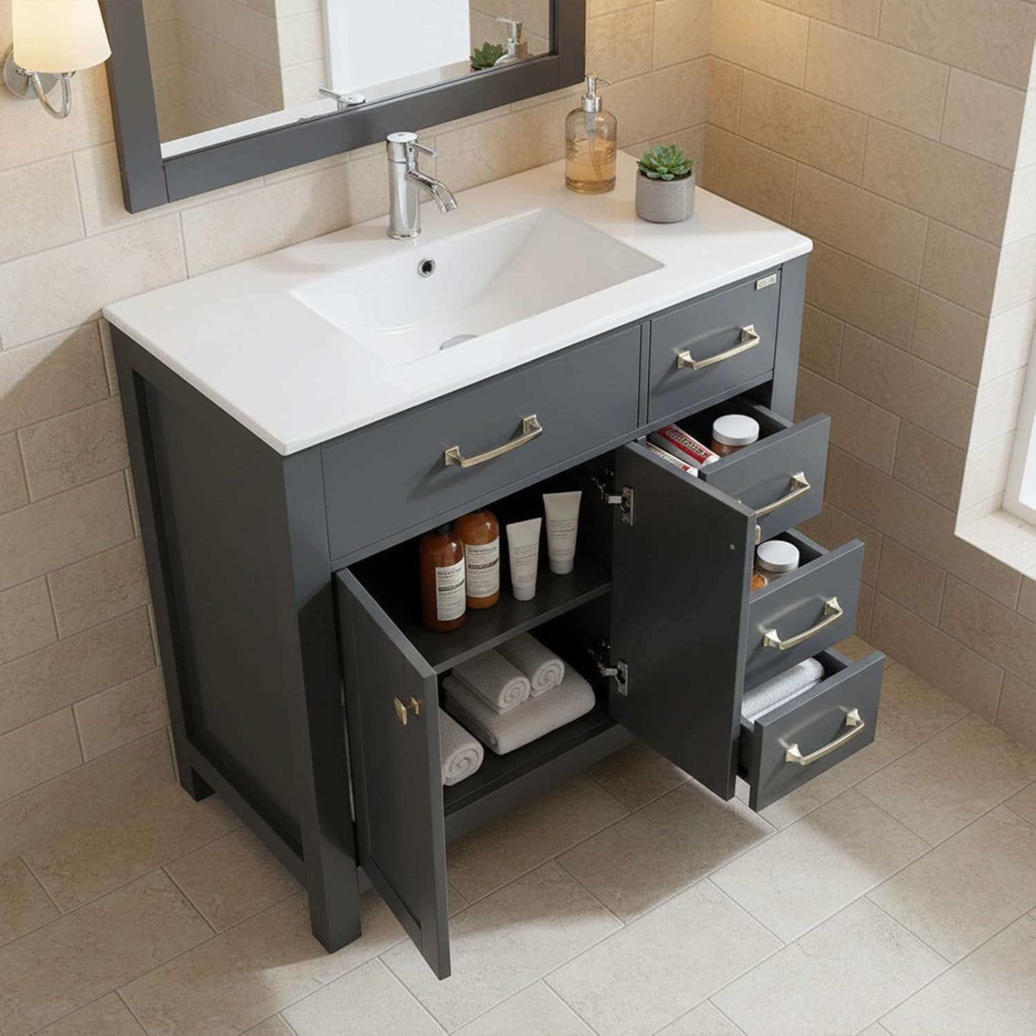 walsport 36 inch Bathroom Vanity with Ceramic Sink & Countertop & Mirror & Faucet Combo Set Single Sink Vanity with 5 Drawers and Double Doors Modern, Grey