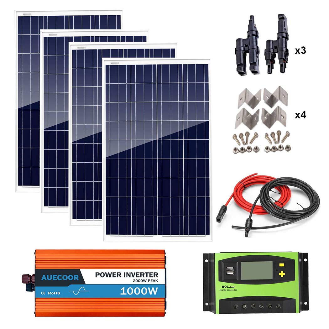 Kit completo de panel solar 12 V/24 V 400 W + inversor de onda pura desde 1000 W (pico 2000 W) + controlador de carga solar 40 A PWM + accesorios