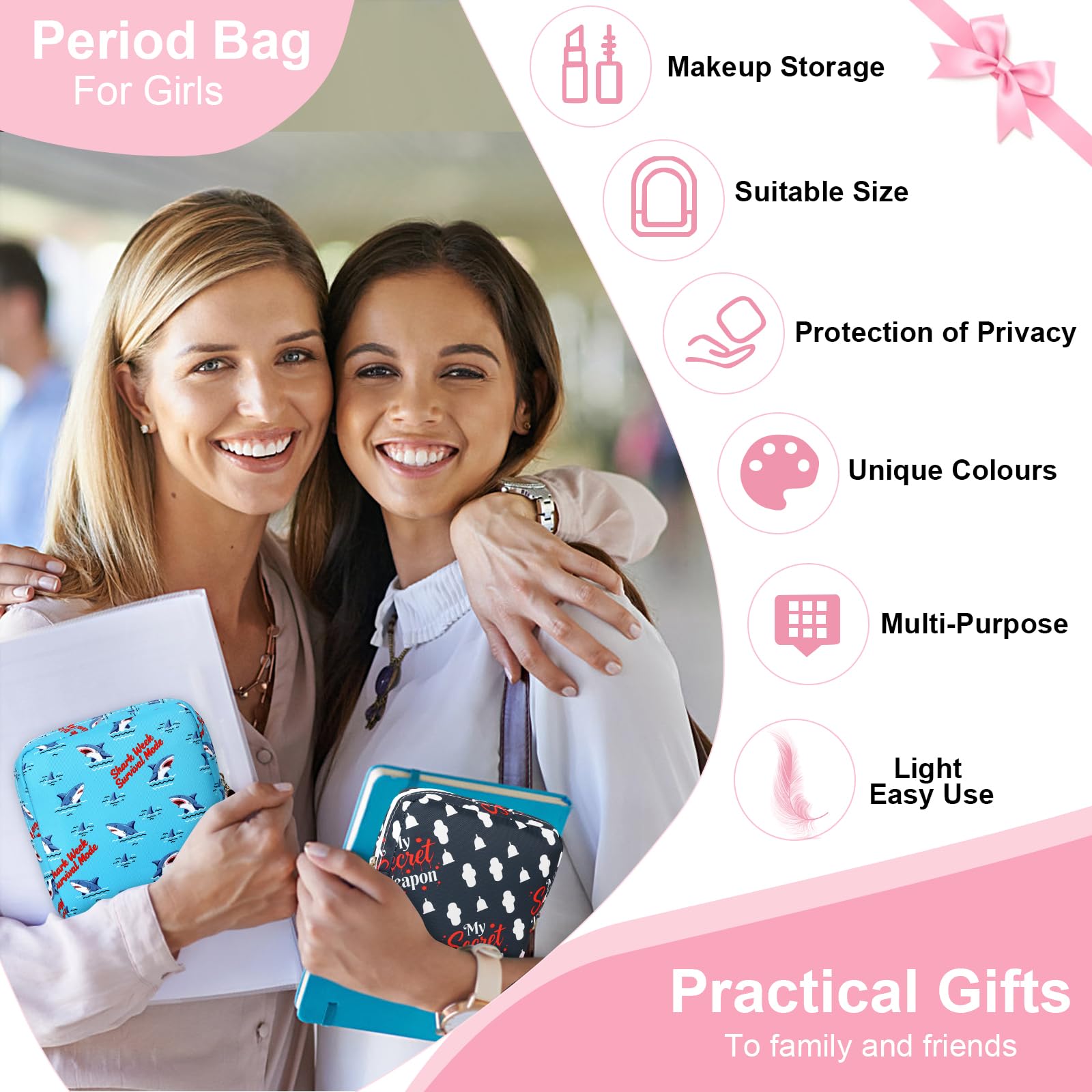 Desing Wish Sanitary Pad Storage Bag Portable Period Bag for Teen Pads/Sanitary Napkins/Small Tampons, Sanitary Napkin Storage Bag First Period Gifts for Teen Girls (Shark Week)