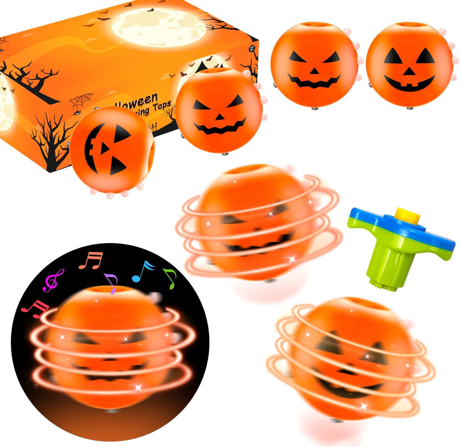 Halloween Treats Non Candy for Kids 6 Pack, Wind Up Pumpkin Spinning Tops Toys Gifts for Toddlers, Halloween Boo Basket Bucket Goodie Bag Stuffer School Party Favors Prizes Trinket for Boys Girls