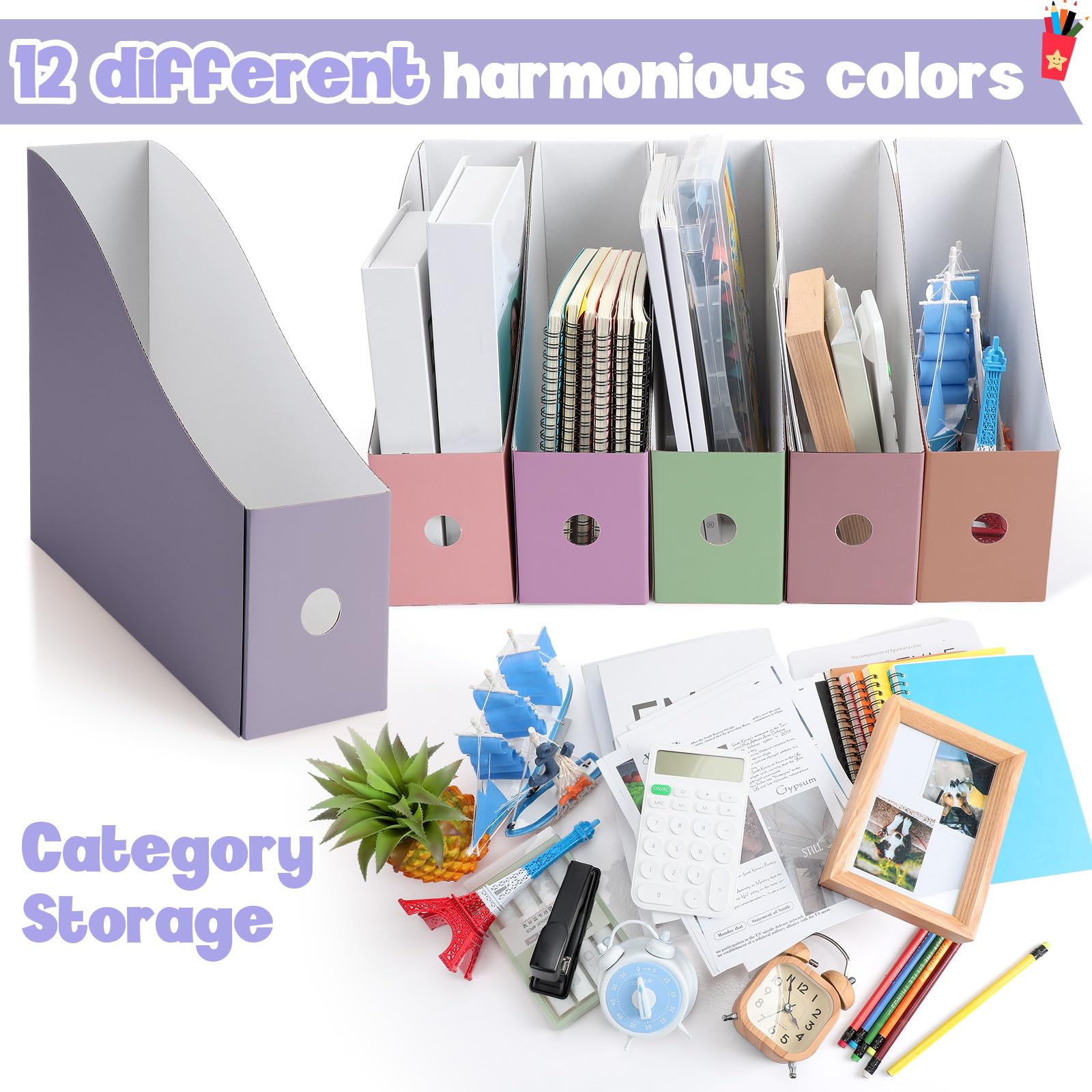 Colarr 24 portariviste in cartone, 12 colori, con etichette adesive, porta riviste, cartelle, libri, per scrivania, documenti per la scuola (colori vivaci)