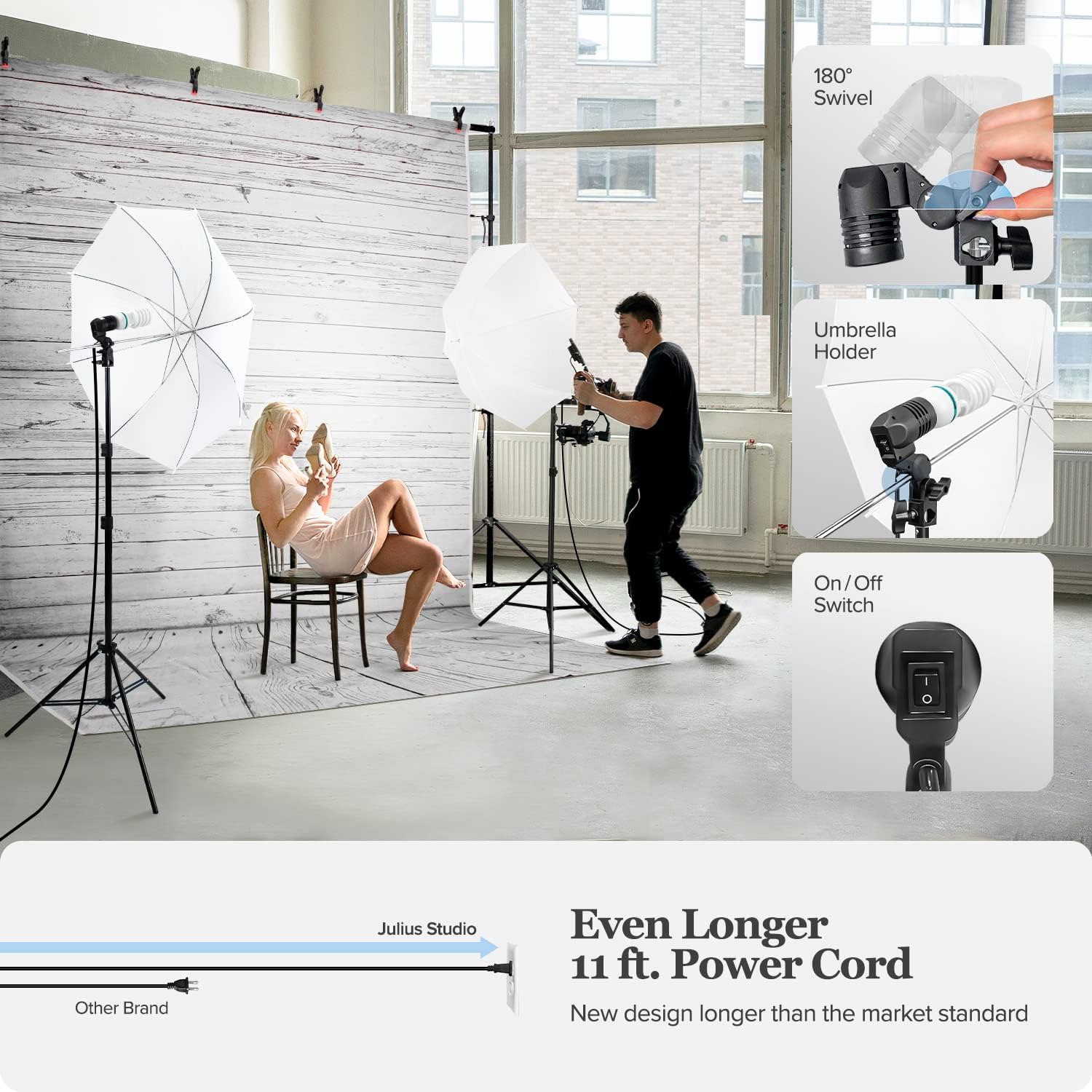 Julius Studio White Wood Floor Pattern Backdrop with 700W 5600K Umbrella Lighting Kit, 10 x 7.5 ft. Backdrop Stand Frame with Easy Length Adjustable, White & Black Umbrella Reflector, JSAG355