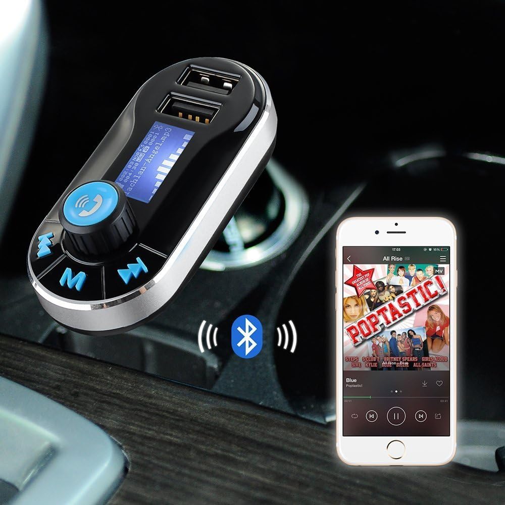 Fone-Case (Black) Asus Transformer Book T302 CA / Chi 5 in 1 In Car Aircast Auto FM Transmitter Wireless Bluetooth Connection Universal Car Kit Modulator with Music Player Radio Transmitter, Support SD/TF Card,Dual USB Car Charger,Hands-Free Calling and Music Control.