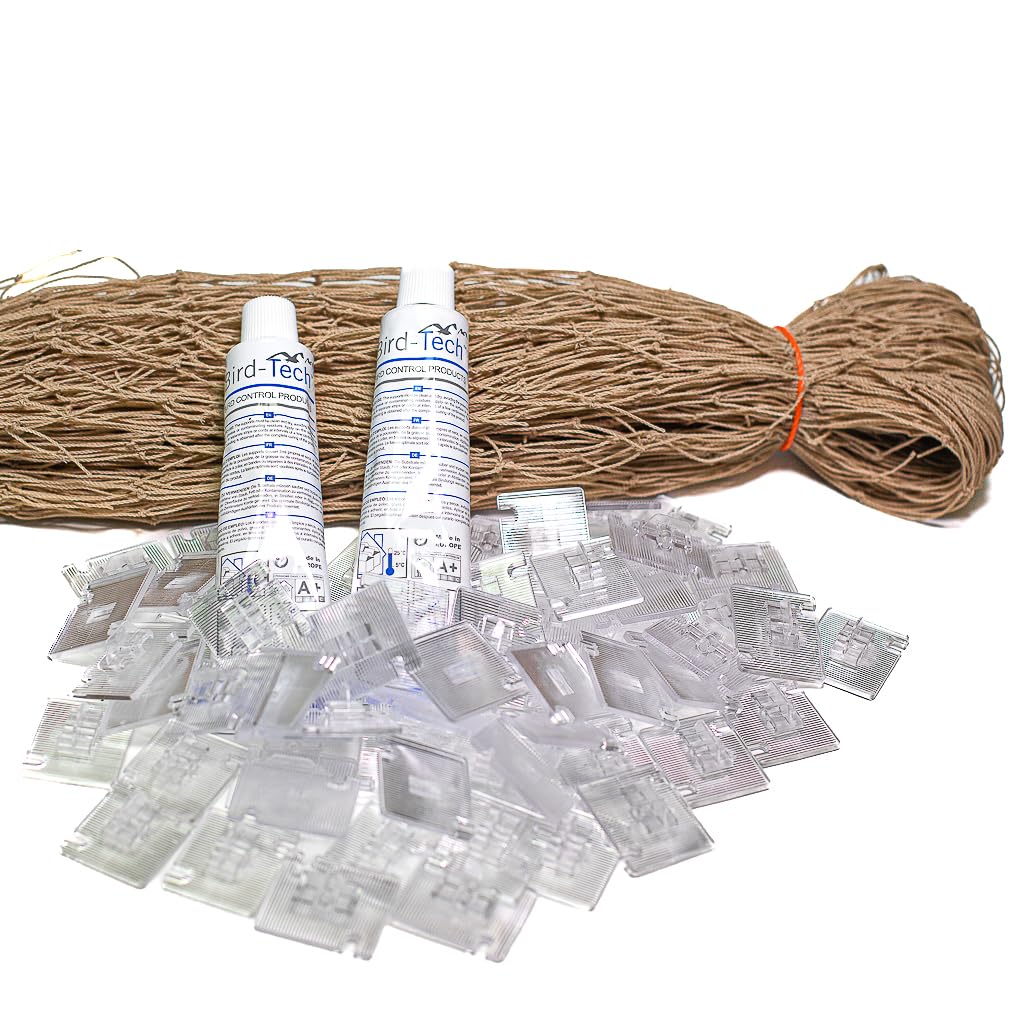 Bird-Tech TM - Red de balcón para Gatos y pájaros, Color Piedra + 100 Ganchos de fijación + 2 Silicona Transparente 80 ml. (8 x 3 MTS)