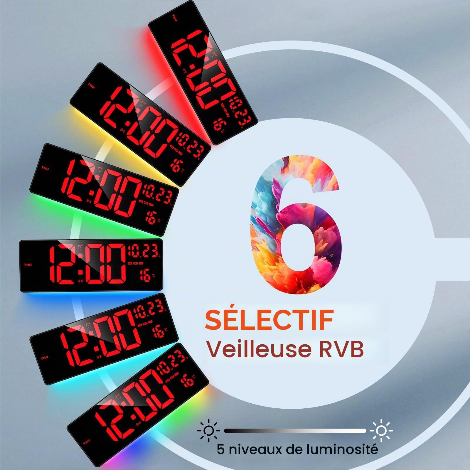 XREXS Horloge Murale 16,5" Écran Rouge Barre Lumineuse Colorée