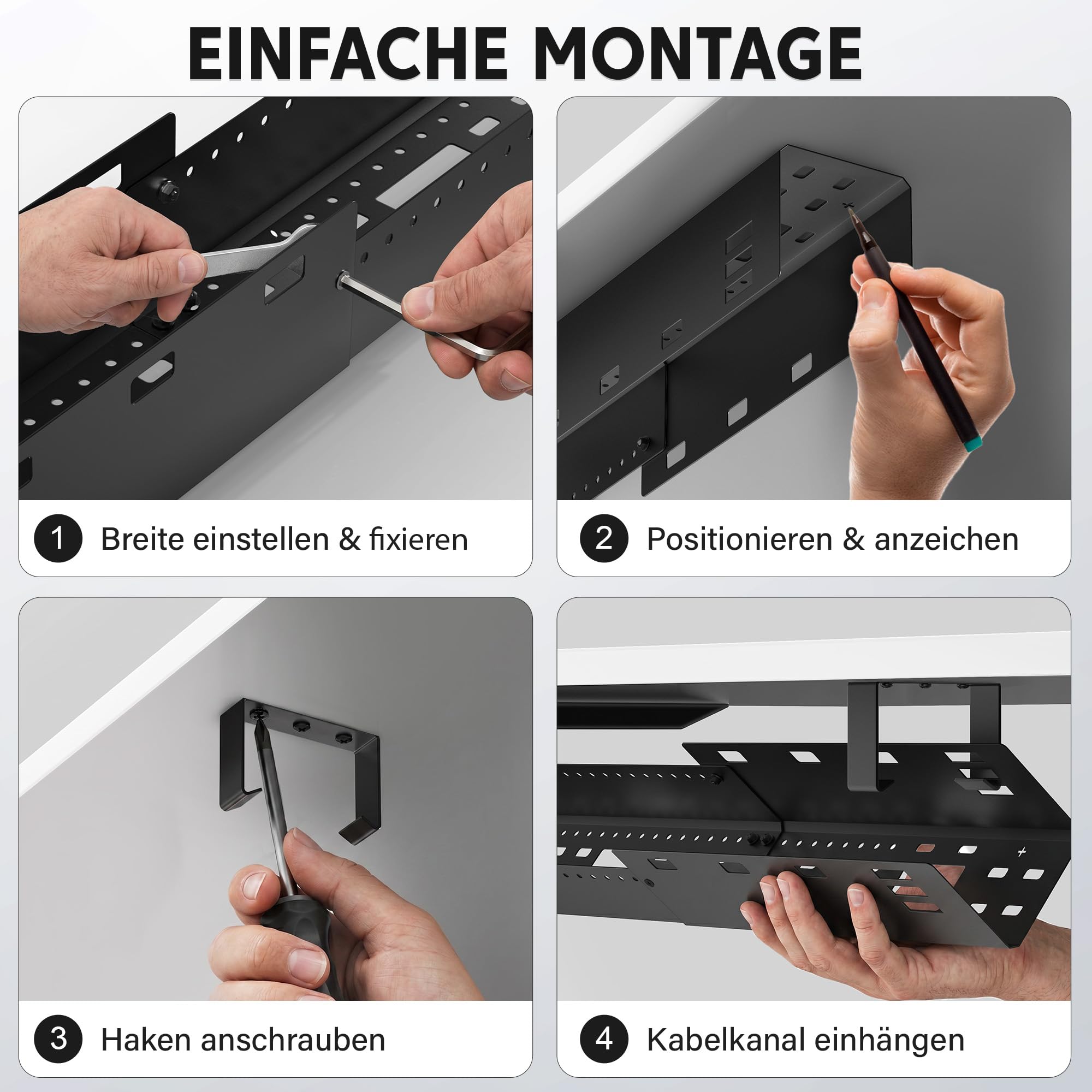 Kabelkanal Schreibtisch ausziehbar 80-112cm - Kabelwanne Schwarz | 3-fach höhenverstellbarer Kabel Organizer. Pulverbeschichteter Stahl. Komplett-Set inkl. 50+ Zubehör, bis 14kg belastbar.