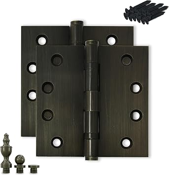 Solid Brass Door Hinge Heavy Duty Ball Bearing 4.5 x 4.5 Inch with Decorative Screw-on Tips Included - Set of 2 Hinges Antique Brass