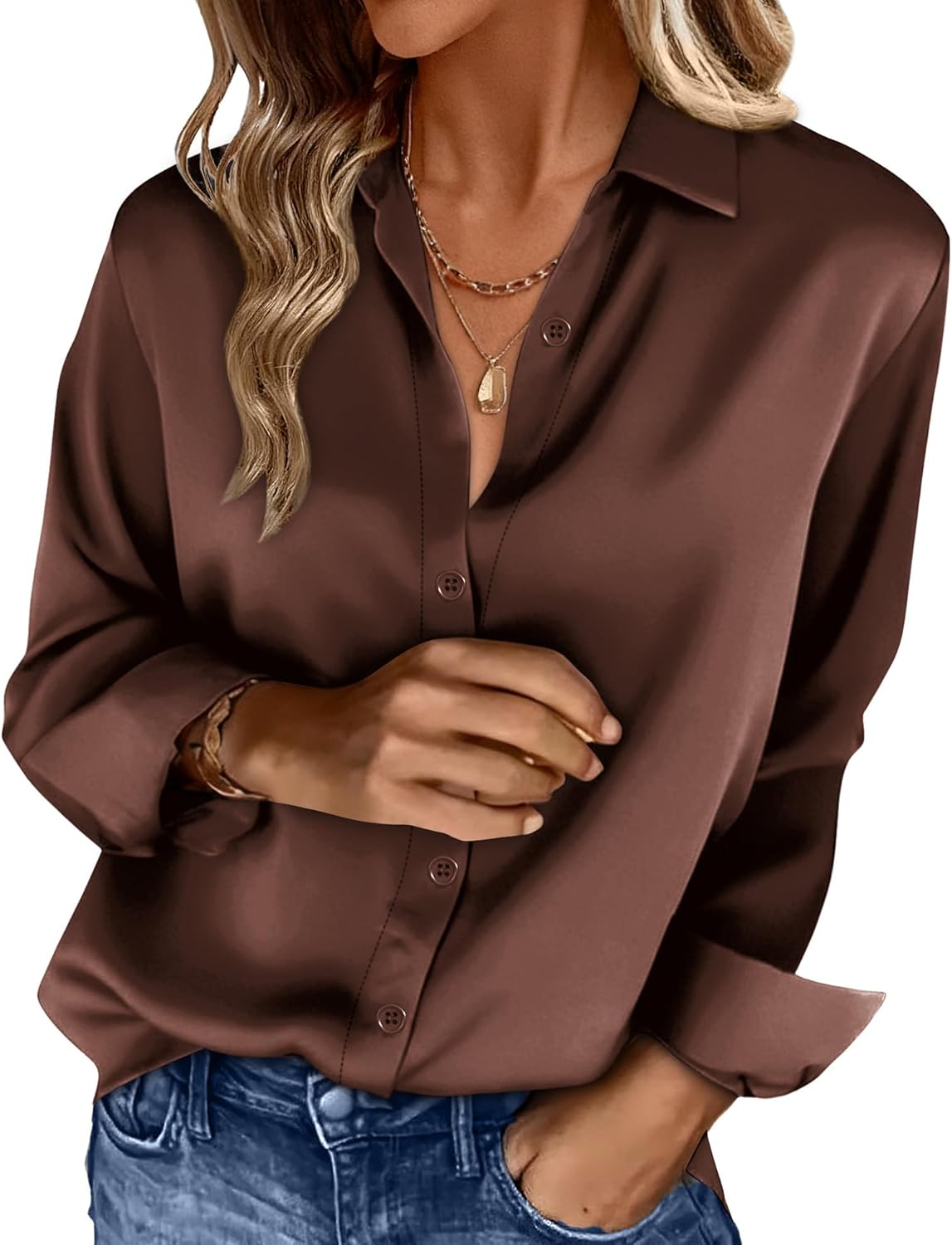 OFEEFAN Womens Button Down Shirts Long Sleeve Tops Silk Satin Blouses Business Casual Fashion Outfit