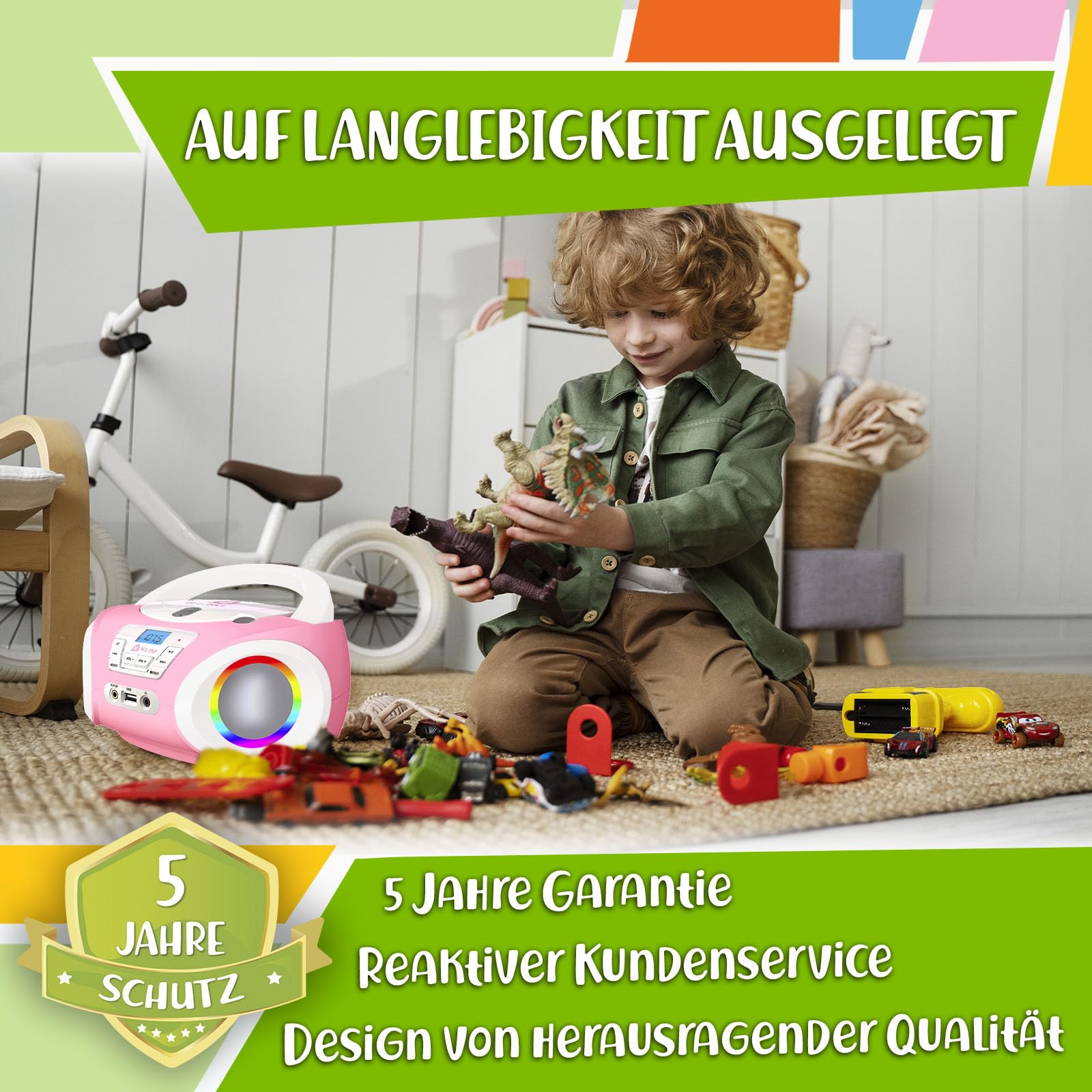Candy Kids Boombox CD Player für Kinder mit UKW Radio und Lautsprechern | Mit fröhlicher Discofunktion inklusive Batterien und Netzkabel für Kleinkinder, Rose