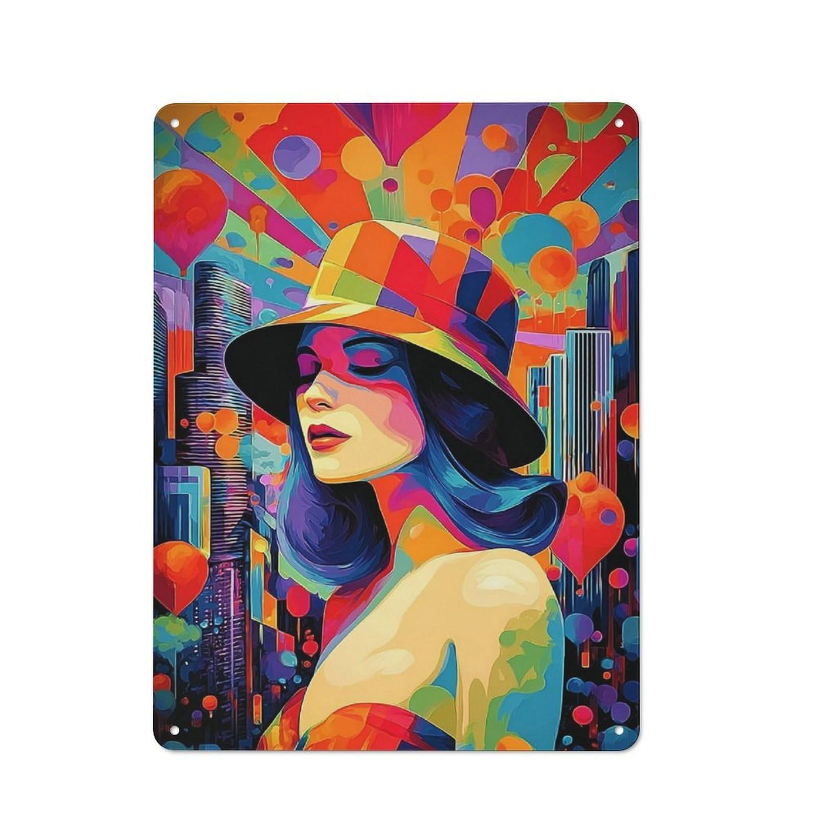 Junmoney Colorful Cityscape With Hat Retro Metal Sign With Design 40X30cm, Distressed Look Retro Room Decor For Living Room, Hallway, Kitchen Or Cafe