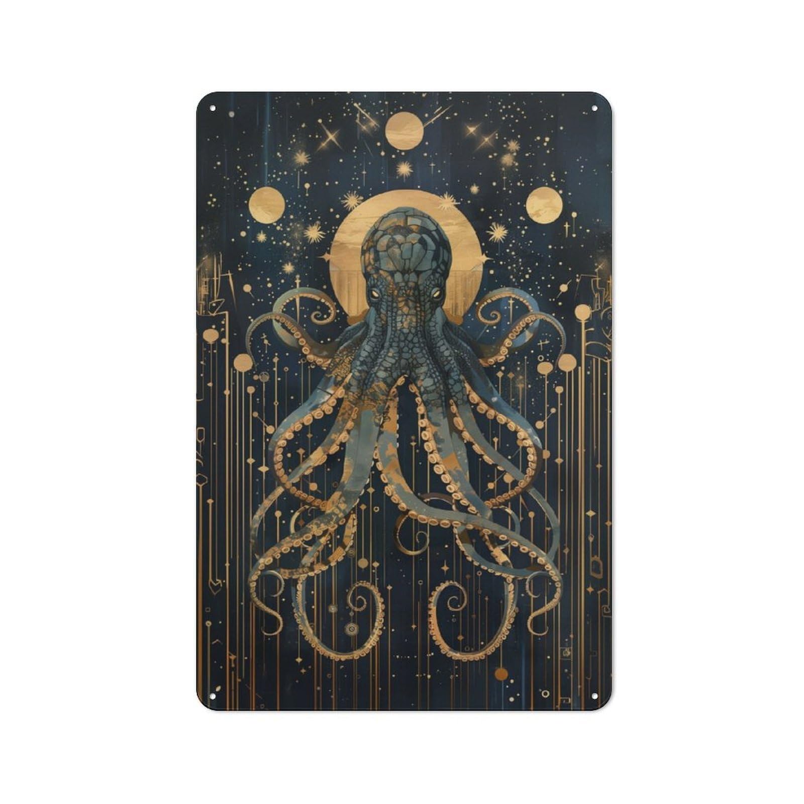 Junmoney Geometric Kraken Octopus Retro-Style Metal Plaque 30X20cm For Kitchen Or Home Bar, Gift For Home Bar Enthusiasts During The Christmas Season