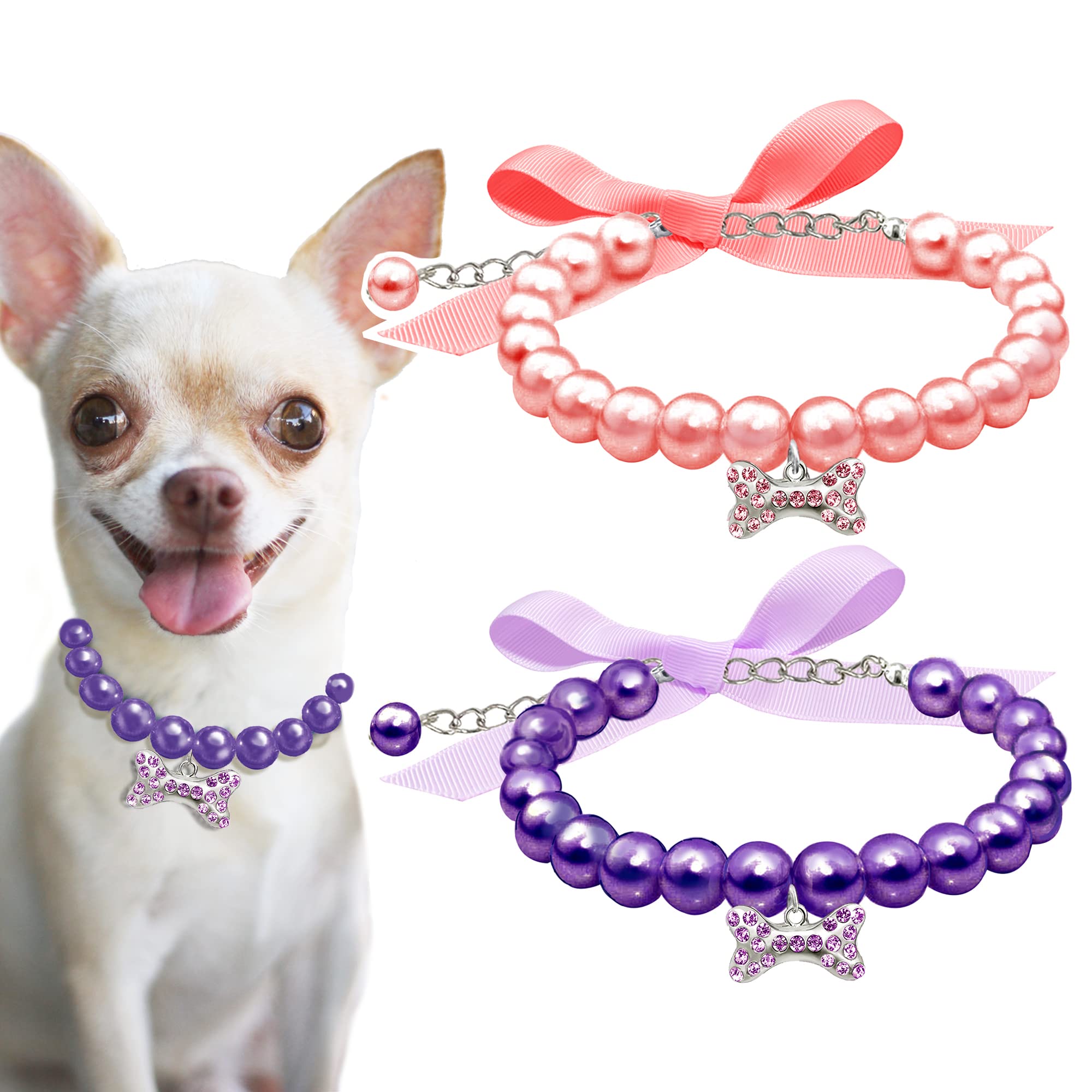 Casidoxi 2 Pcs Dog Cat Pearl Collar Necklace with Rhinestone Bone, Fancy Cat Wedding Collar Jewelry for Cat Puppy Dogs Pets (Pink+Purple)