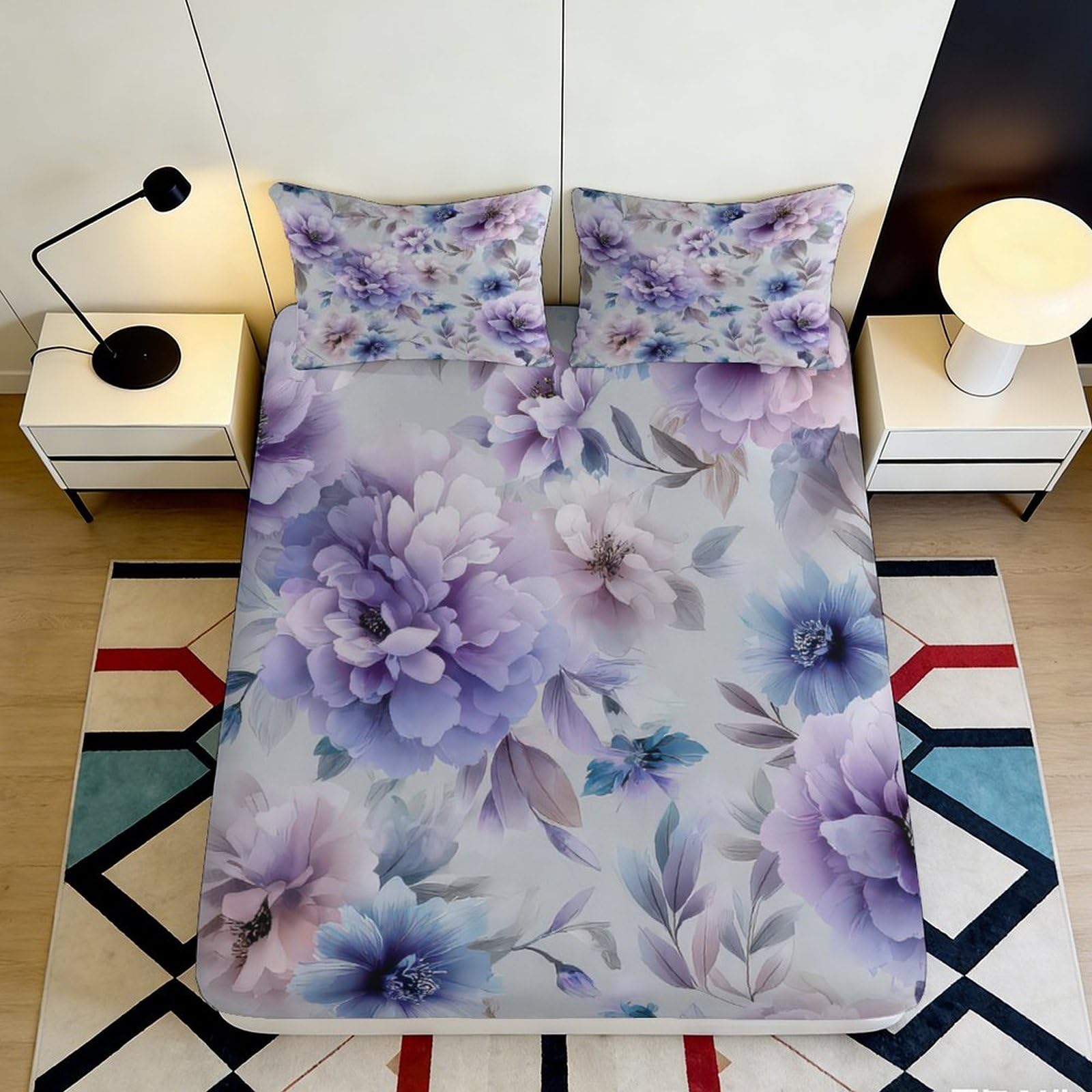 3D Printed Purple Peony Fitted Sheet Microfiber Soft Floral Blossom Mattress Cover for Bedroom Guest Room Decor 90x200x25cm