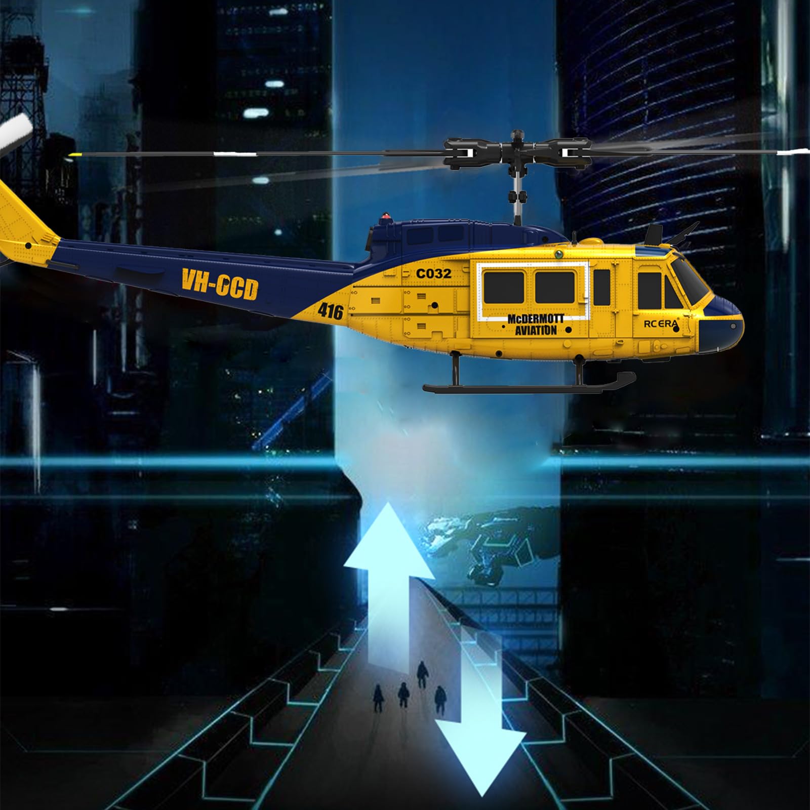 RC ERA C032 UH-1 Huey Elicottero telecomandato per adulti, 1/48 Sacle 2.4G 6CH Gyro Stabilized Aircraft with Altitude Hold & Optical Flow,3D Stunt Drone (giallo)