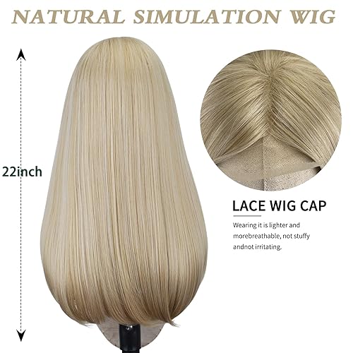 Miniatura 5 de FREE BEAUTY Peluca larga rubia para mujer, peluca de cabello lacio con parte media con encaje de encaje de aspecto natural, peluca de fibra