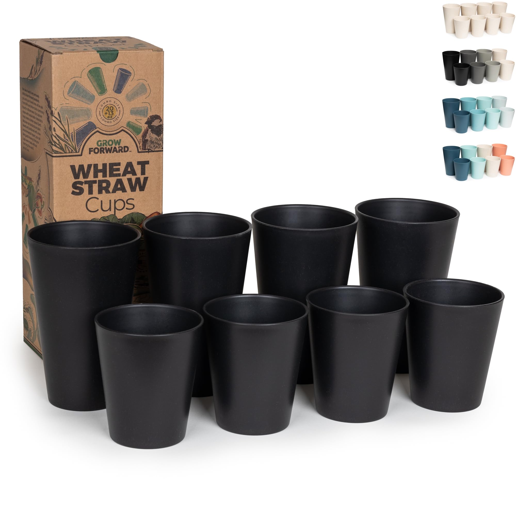 Grow Forward Premium Wheat Straw Cups - 13 & 20 oz Unbreakable BPA Free Hard Plastic Cups - Reusable Lightweight Plastic Drinking Glasses for Kitchen, Outdoor, Water, Camping, RV - Midnight