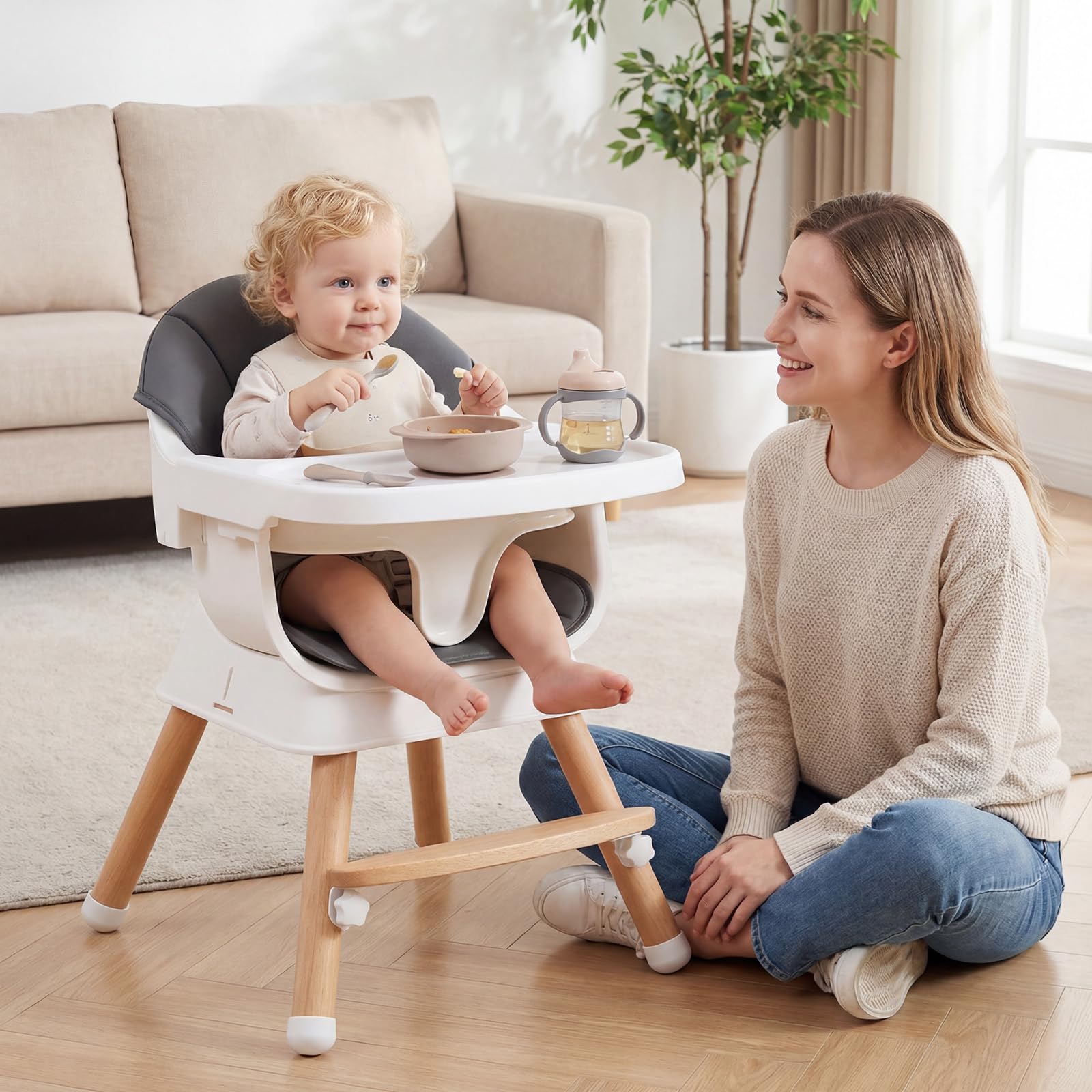 COSTWAY Trona Convertible para Bebés, Silla Alta de Alimentación Evolutiva con Bandeja y Cojín Desmontables, Arnés de 5 Puntos y Patas de Madera, Taburete Portátil Infantil para 6-36 Meses