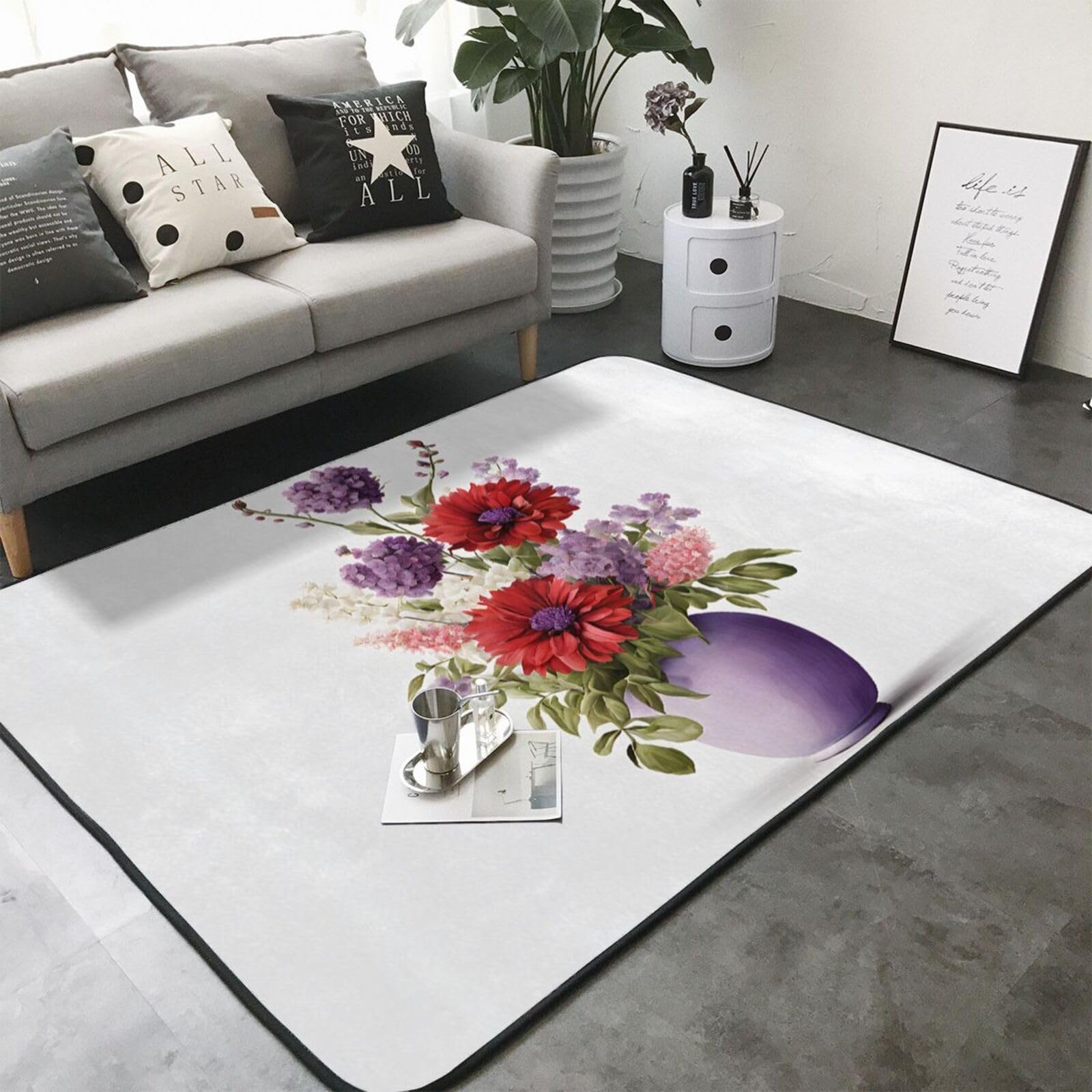 Poppy Flower Print Living Room Anti Slip and Absorbent Carpet, Indoor Bedroom Bed Floor Mat, Ultra Soft Washable Carpet 80x58 in