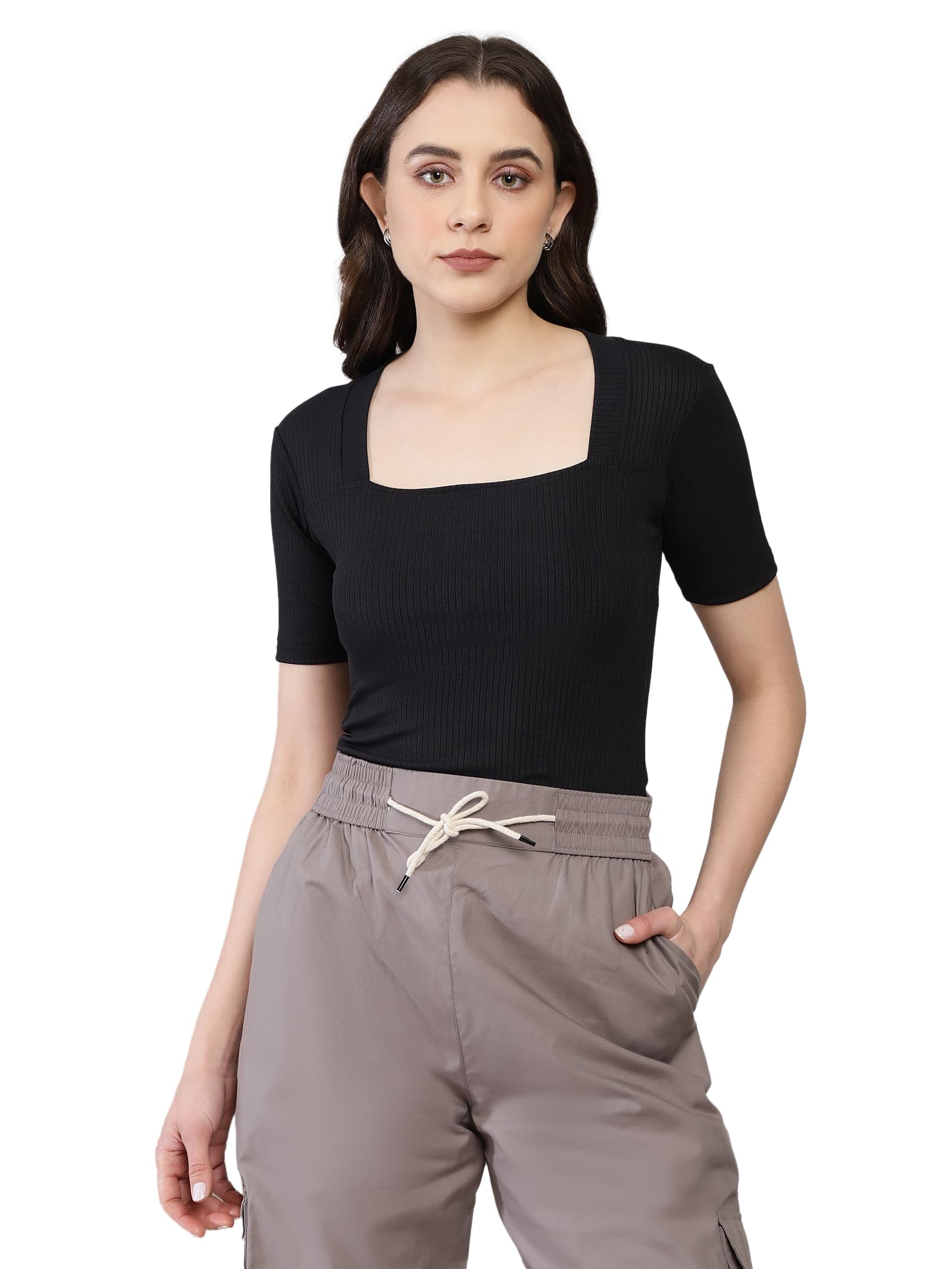 shasmi Women's & Girl's Polyester Solid Knitted Square Neck Regular Fit T-Shirts Short Sleeve Tops-picture-14