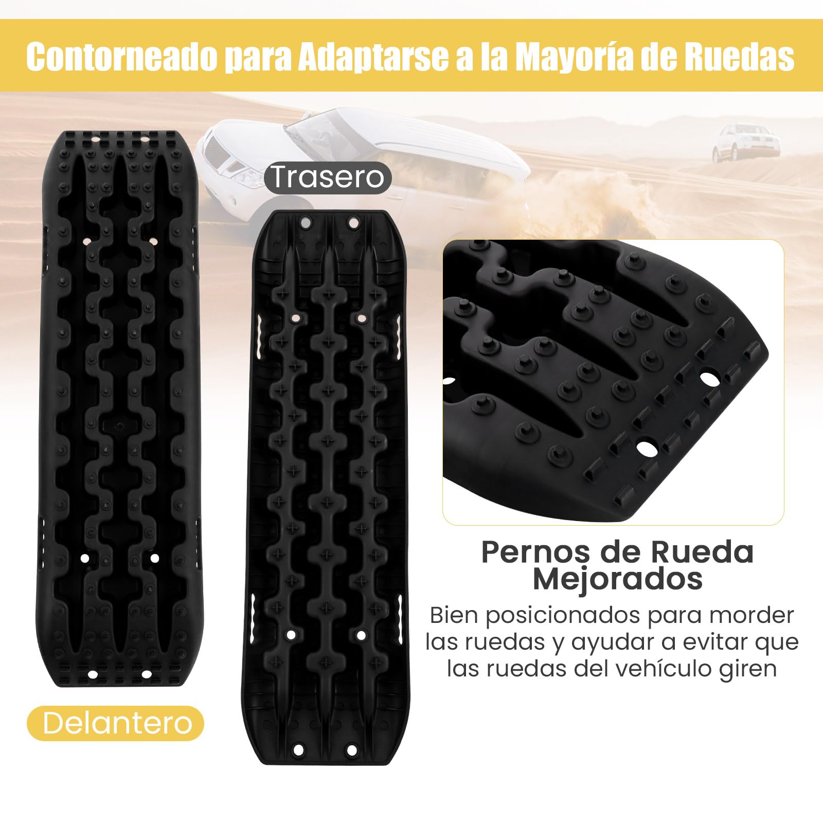 GOPLUS Tablas de Recuperación Todoterreno, Juego de 2 Alfombrillas de Tracción, Extracción de Vehículos de Arena, Barro, Nieve, Carga 10T (Negro, 107 x 31 x 7 cm)