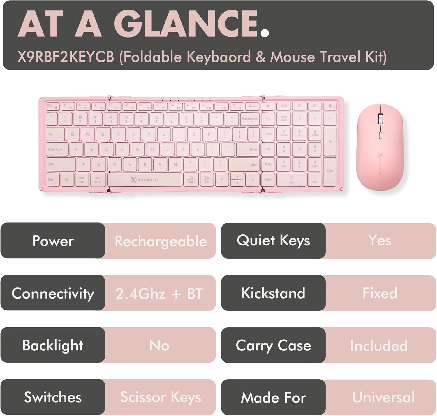 X9 Performance Foldable Keyboard and Mouse Wireless - (BT + 2.4Ghz) - Carrying Case, Phone Stand, Full Sized 106 Keys, Rechargeable - Portable Travel Bluetooth Keyboard and Mouse Set - Pink
