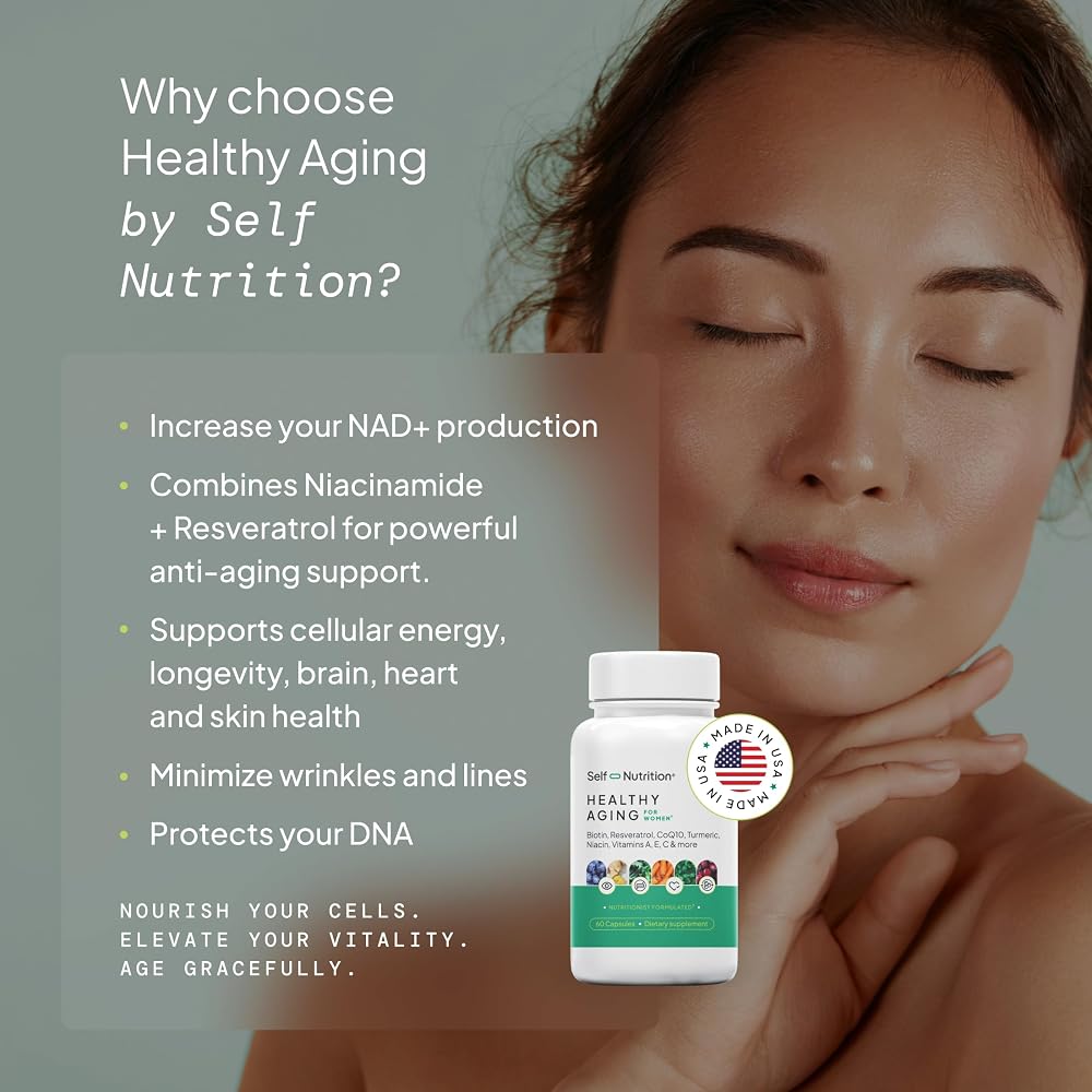Healthy Aging Supplement for Women - NAD+, Resveratrol, Collagen Booster, Biotin, Hyaluronic Acid & More. Cellular Energy, Healthy Aging, Skin Support - USA, Vegan, 60 Capsules.
