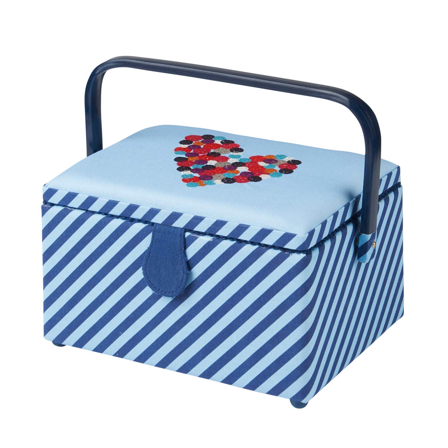 Scatola da cucito media con scomparti in tessuto a righe blu con coperchio a cuore con bottone ricamato. 18,5x26x15 cm. Cucito in linea GA1112M