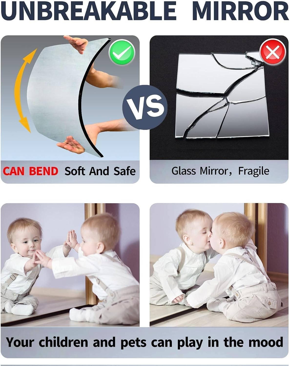 Kids Safety Shatterproof Mirror For Wall, Mirror Tiles, Made of Unbreakable Acrylic, Thick 0.12",4 Pack 14"x12", Bedroom Door Closet Mirrors, Plexiglass, Living Room Mirrors, Glassless Mirro for Kids image 4