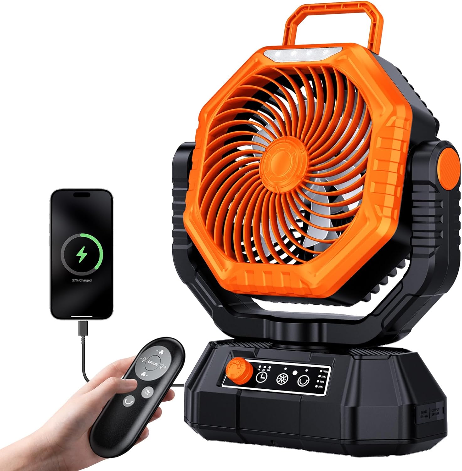 AJVV Camping Fan with Light, Remote and Oscillation, Battery Powered Hanging Tent Fan, Rechargeable Portable for Camp, Outdoor, Emergencies, Fishing, RV Travel, Jobsite